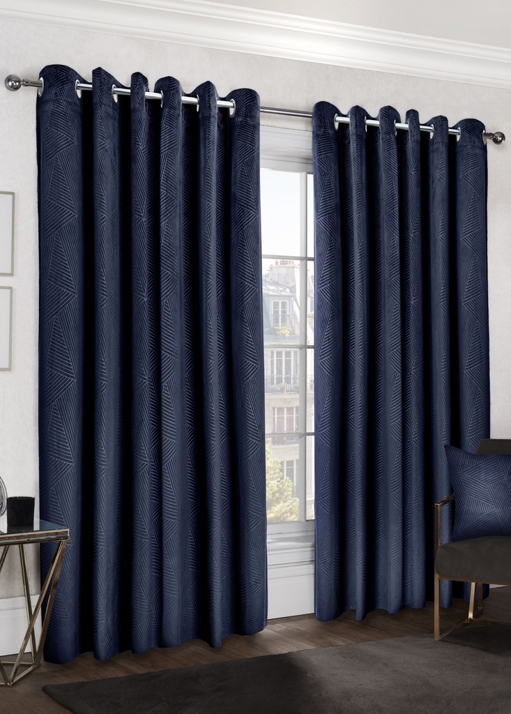 Deco Collection - Embossed Velvet Woven Thermal Blackout Eyelet Curtains in Navy - Image 2