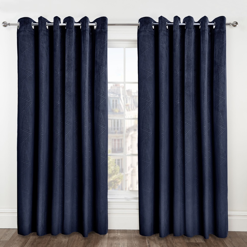 Deco Collection - Embossed Velvet Woven Thermal Blackout Eyelet Curtains in Navy - Image 5