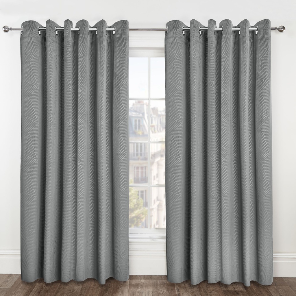 Deco Collection - Embossed Velvet Woven Thermal Blackout Eyelet Curtains in Silver - Image 5