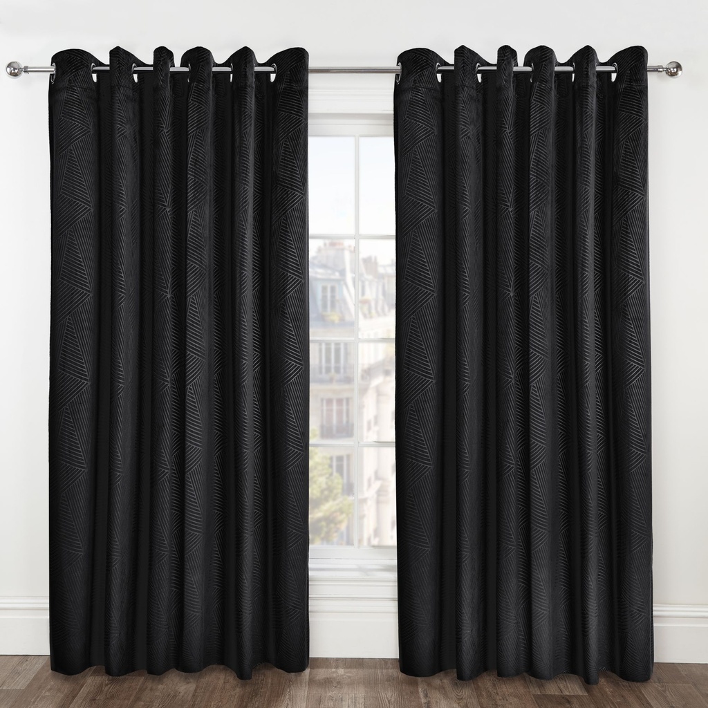 Deco Collection - Embossed Velvet Woven Thermal Blackout Eyelet Curtains in Black - Image 5