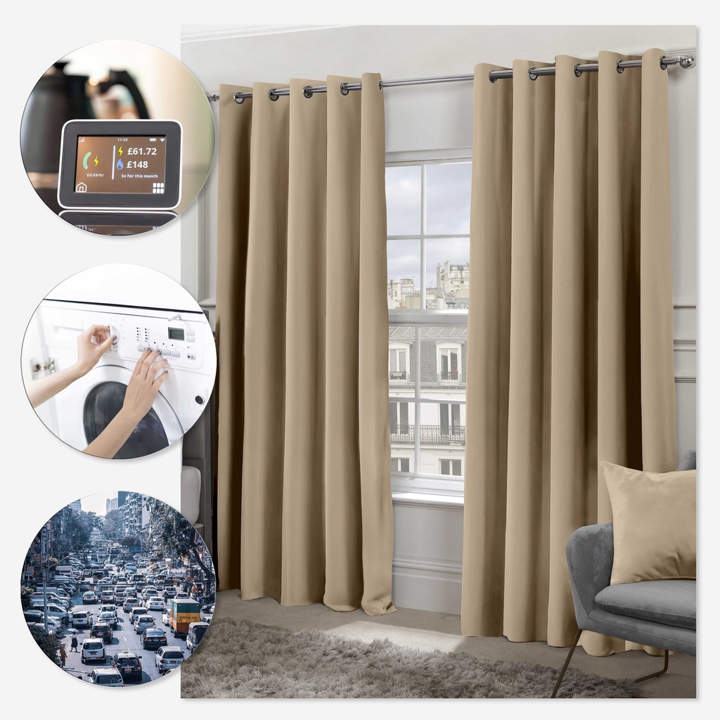 Essential Blackout Collection - Woven Thermal Blackout Eyelet Curtains in Latte - Image 4