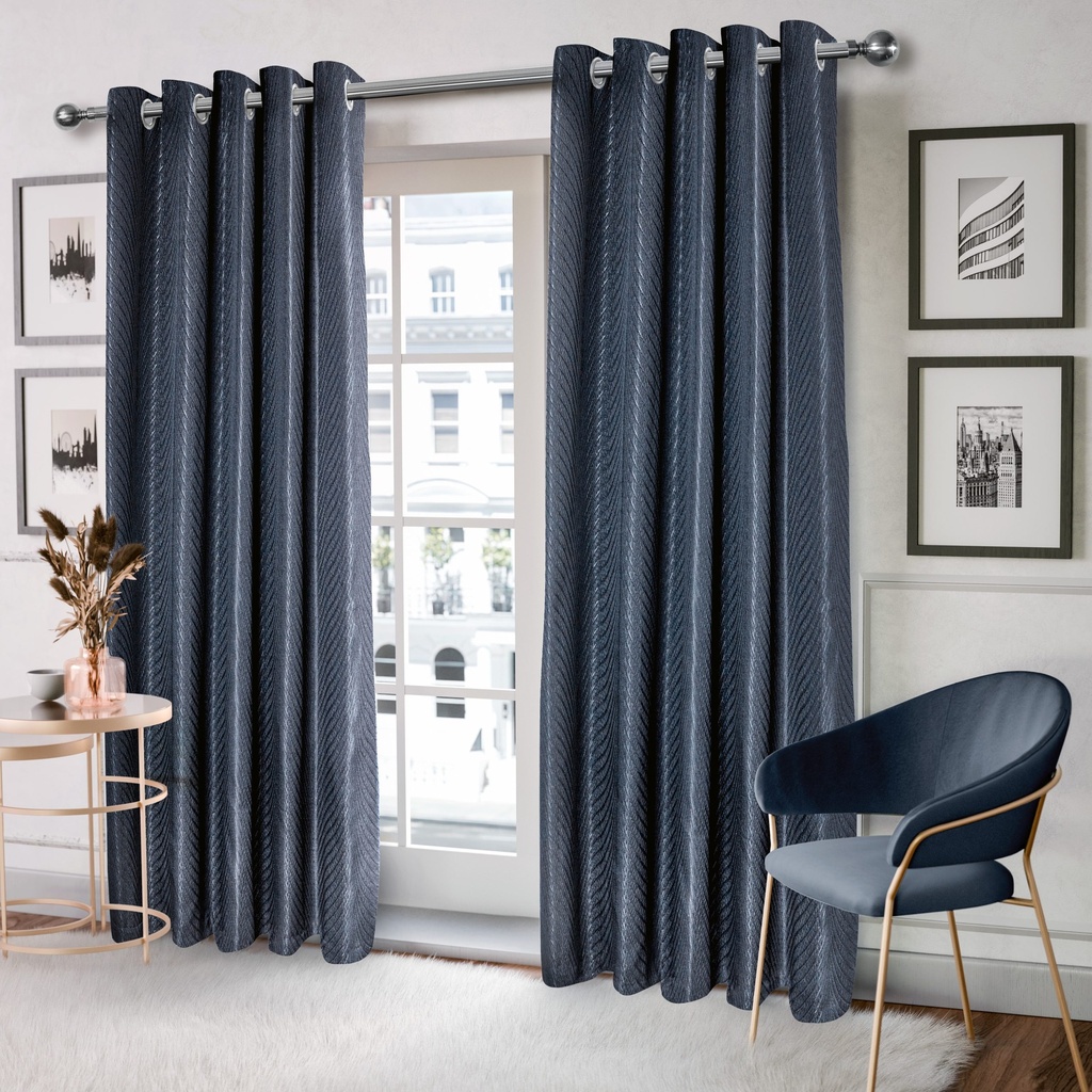 Wave Collection - Woven Jacquard Lined Eyelet Curtains in Navy - Image 2