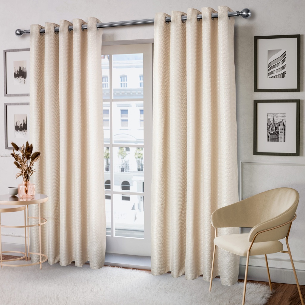 Wave Collection - Woven Jacquard Lined Eyelet Curtains in Cream - Image 2