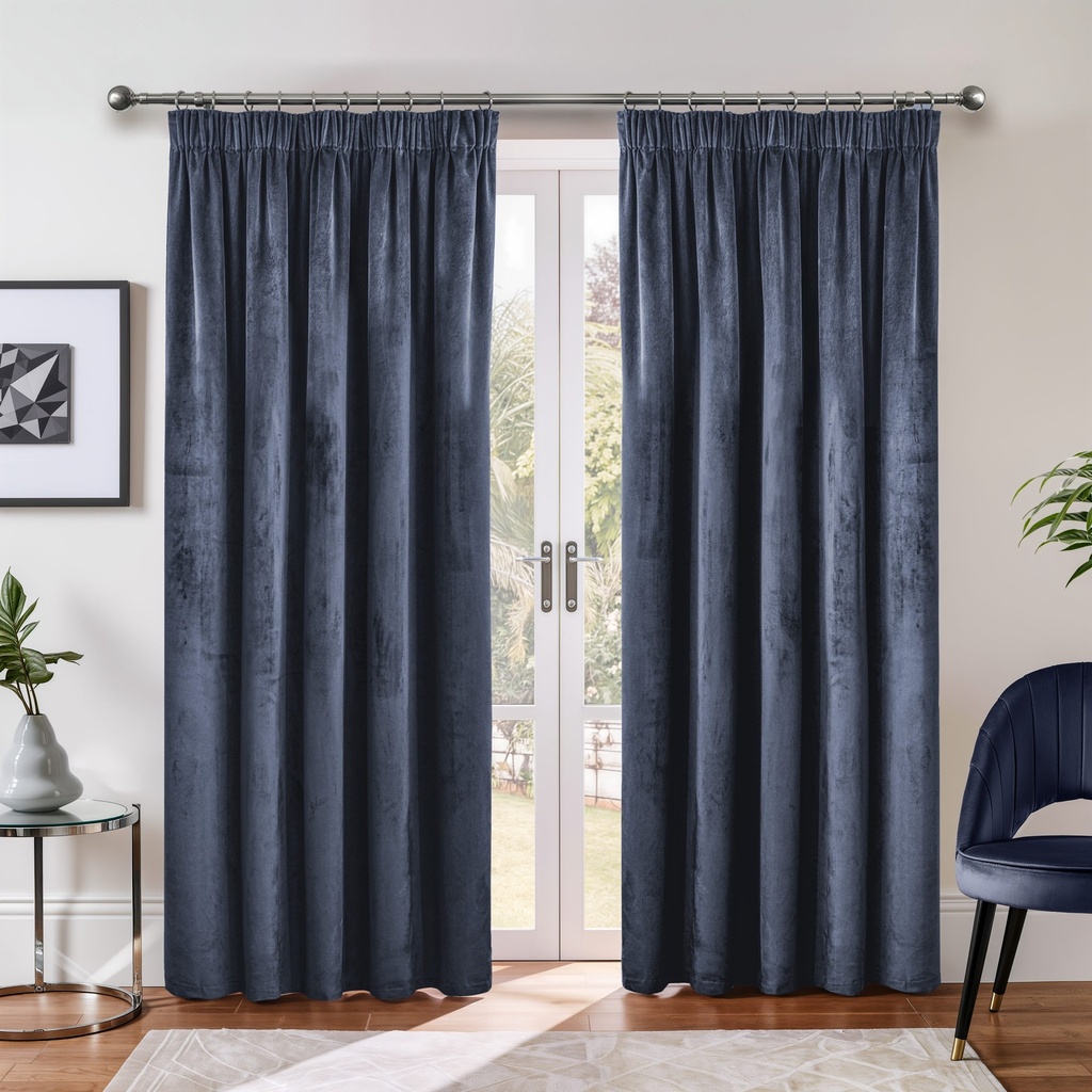 Verbena Collection - Velvet Blackout Pencil Pleat Curtains in Dark Navy - Image 3
