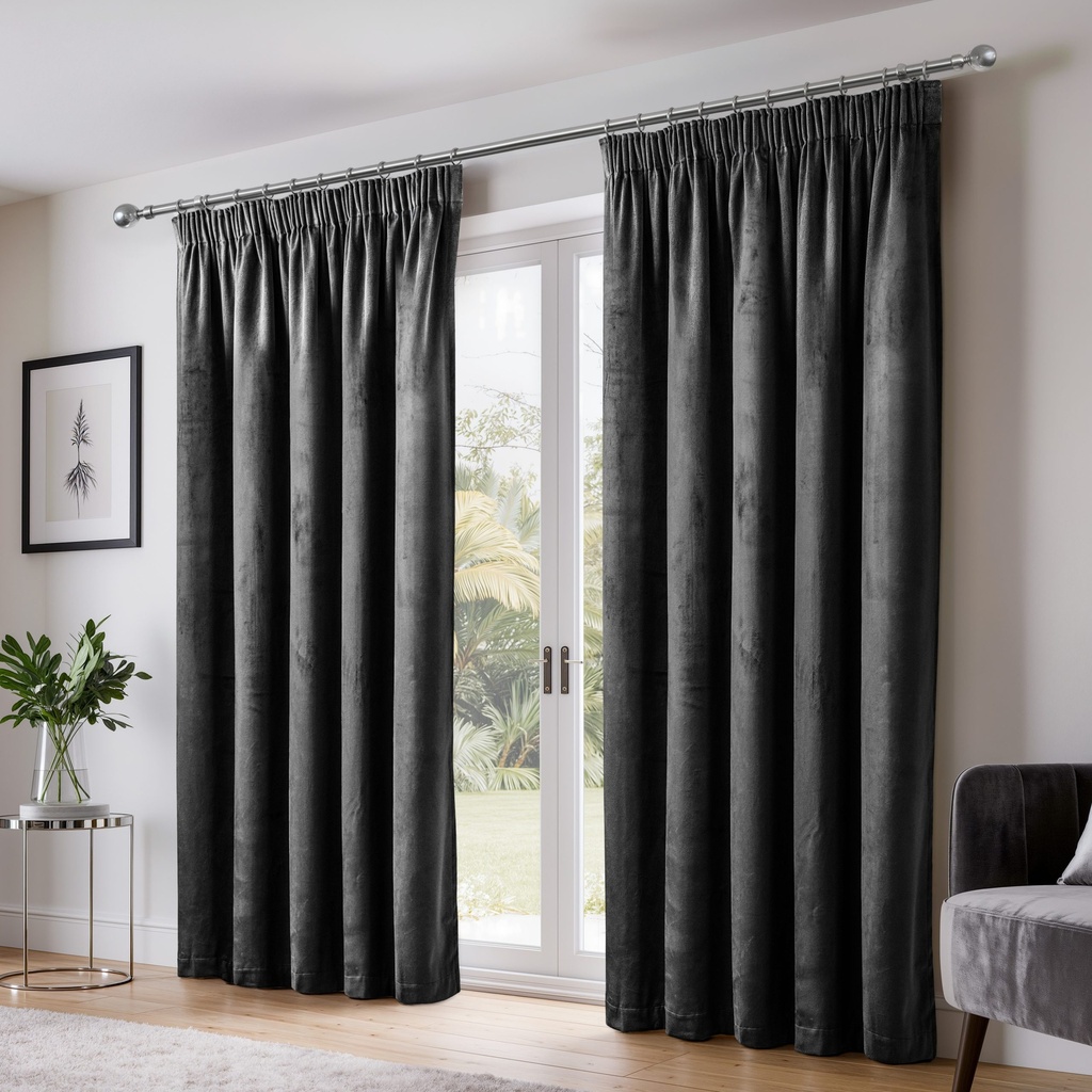 Verbena Collection - Velvet Blackout Pencil Pleat Curtains in Black - Image 5
