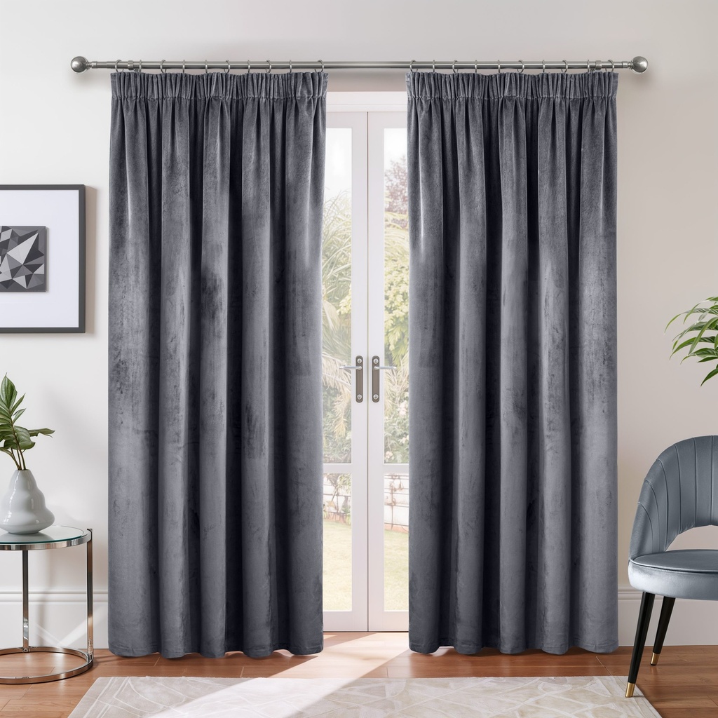 Verbena Collection - Velvet Blackout Pencil Pleat Curtains in Charcoal - Image 3
