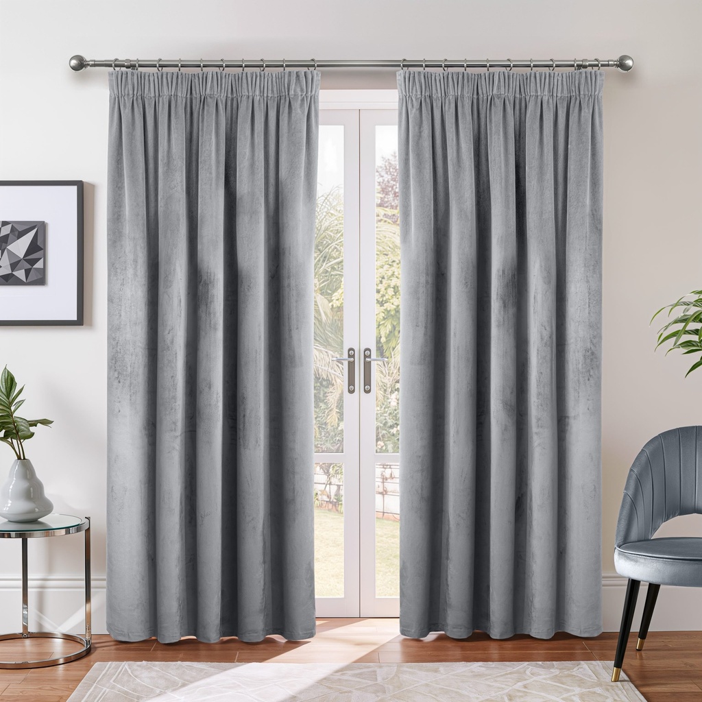 Verbena Collection - Velvet Blackout Pencil Pleat Curtains in Silver - Image 3