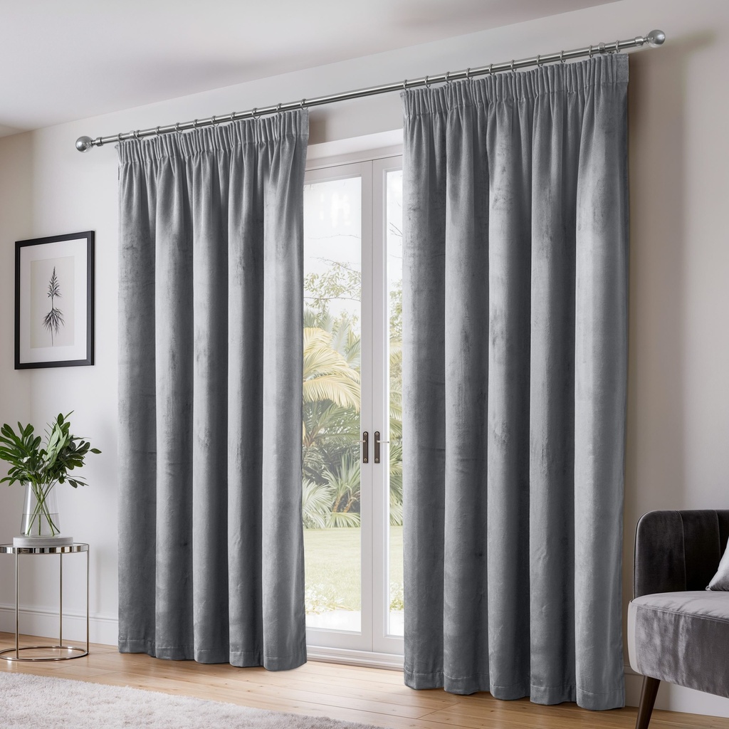 Verbena Collection - Velvet Blackout Pencil Pleat Curtains in Silver - Image 5