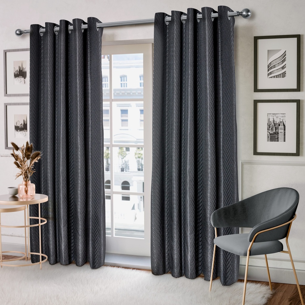 Wave Collection - Woven Jacquard Lined Eyelet Curtains in Black - Image 2