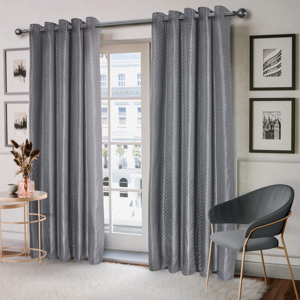 Wave Collection - Woven Jacquard Lined Eyelet Curtains in Charcoal - Image 2