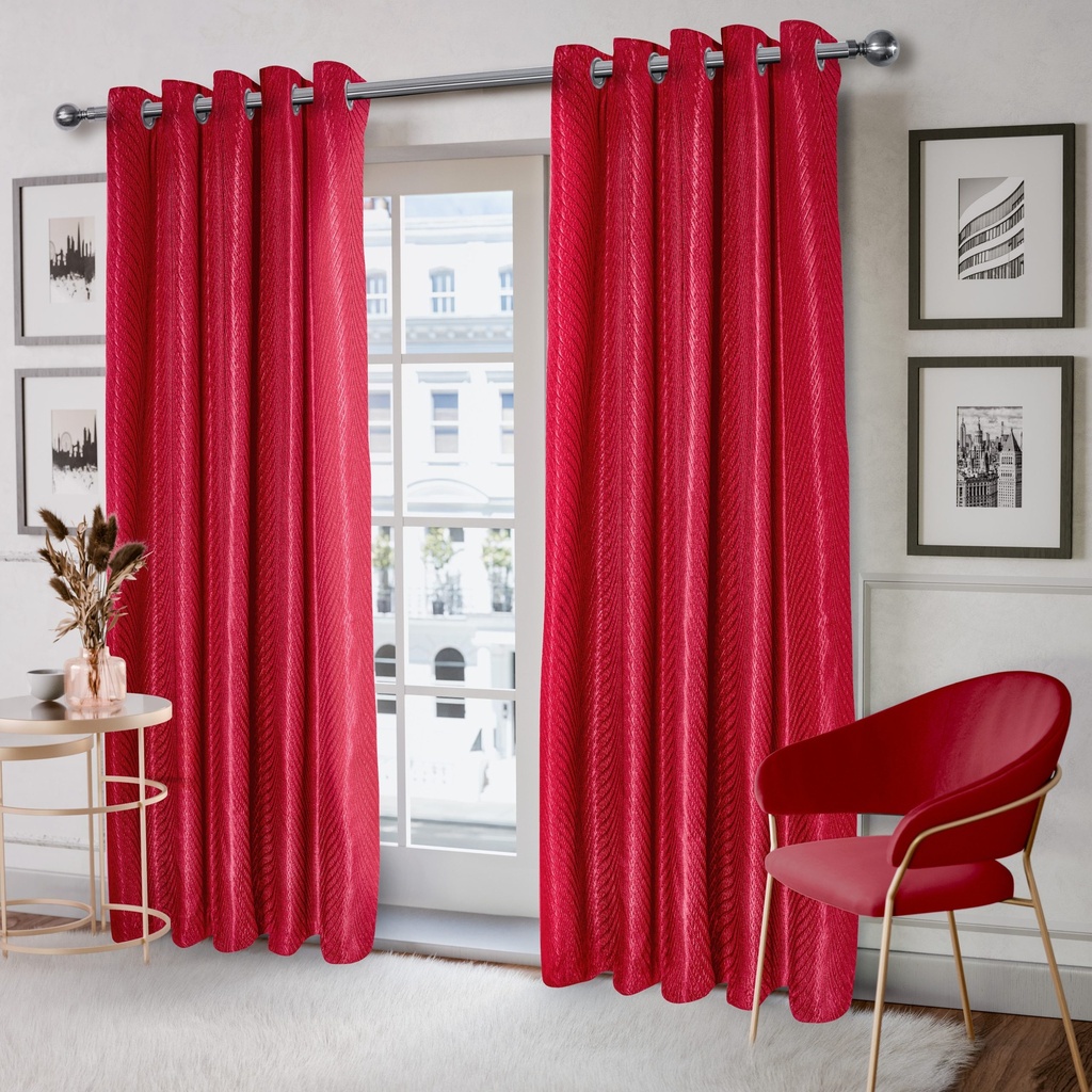 Wave Collection - Woven Jacquard Lined Eyelet Curtains in Cranberry - Image 2
