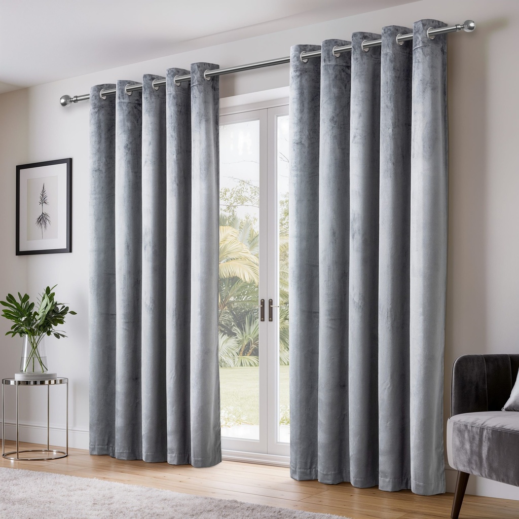 Verbena Collection - Velvet Blackout Eyelet Curtains in Silver - Image 5