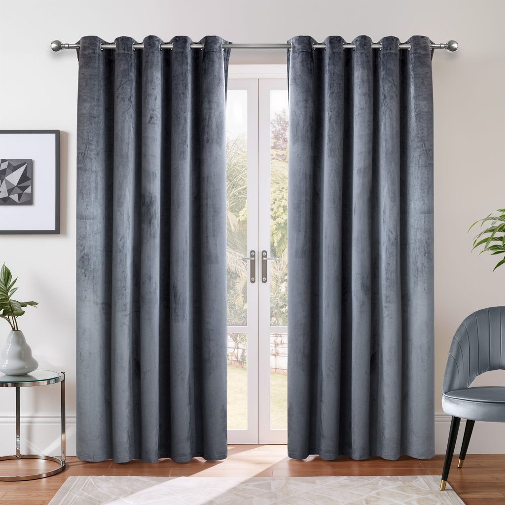Verbena Collection - Velvet Blackout Eyelet Curtains in Charcoal - Image 3