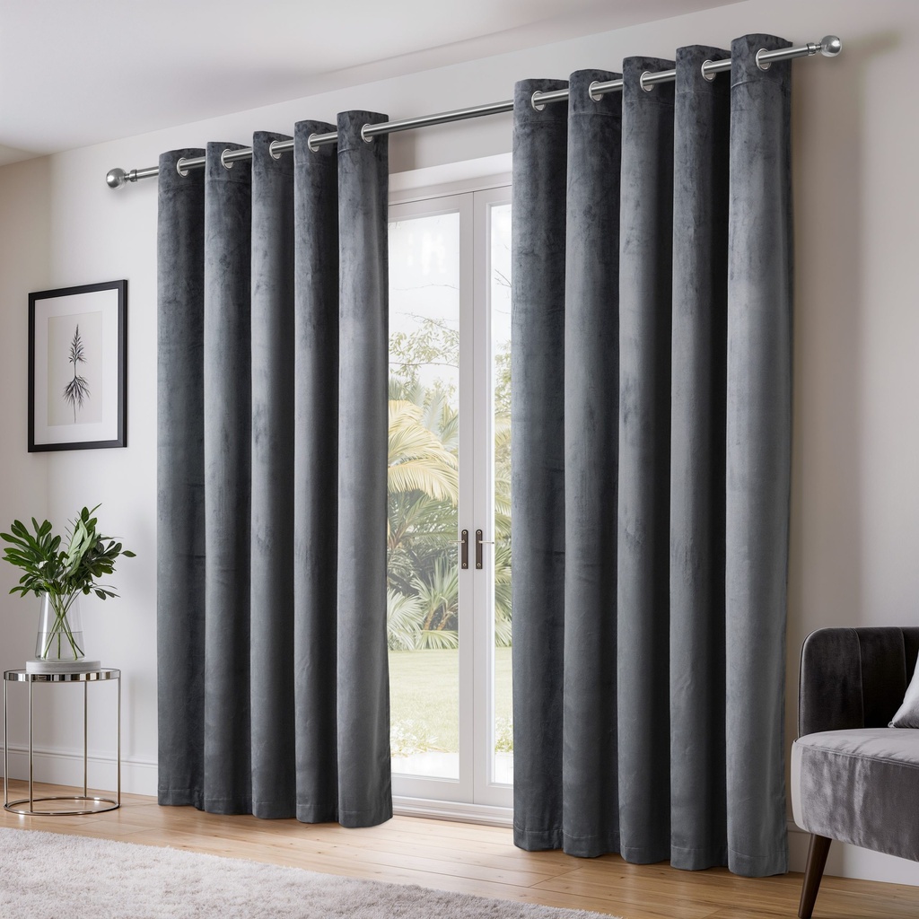 Verbena Collection - Velvet Blackout Eyelet Curtains in Charcoal - Image 5