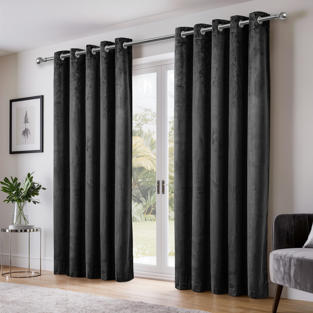 Verbena Collection - Velvet Blackout Eyelet Curtains in Black - Image 3