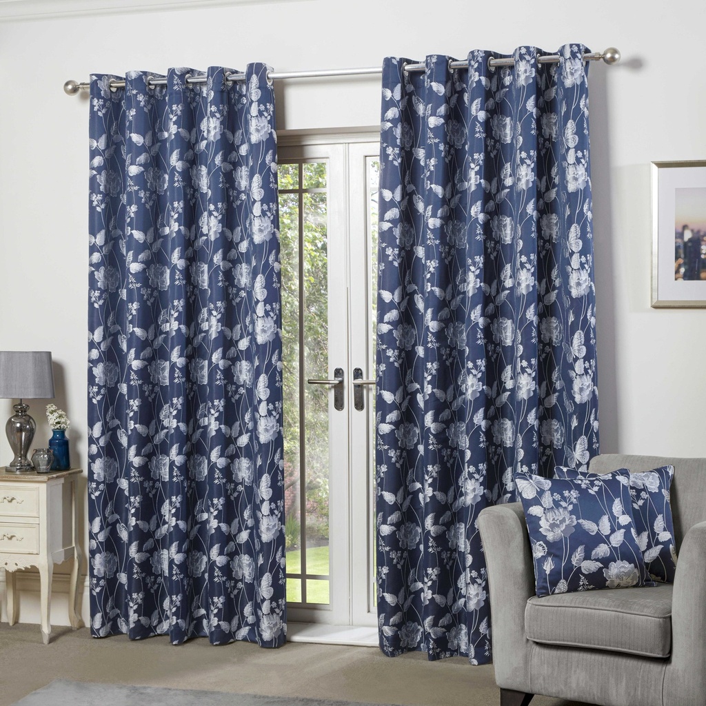Meadows Collection - Lined Eyelet Jacquard Curtains in Navy - Image 4