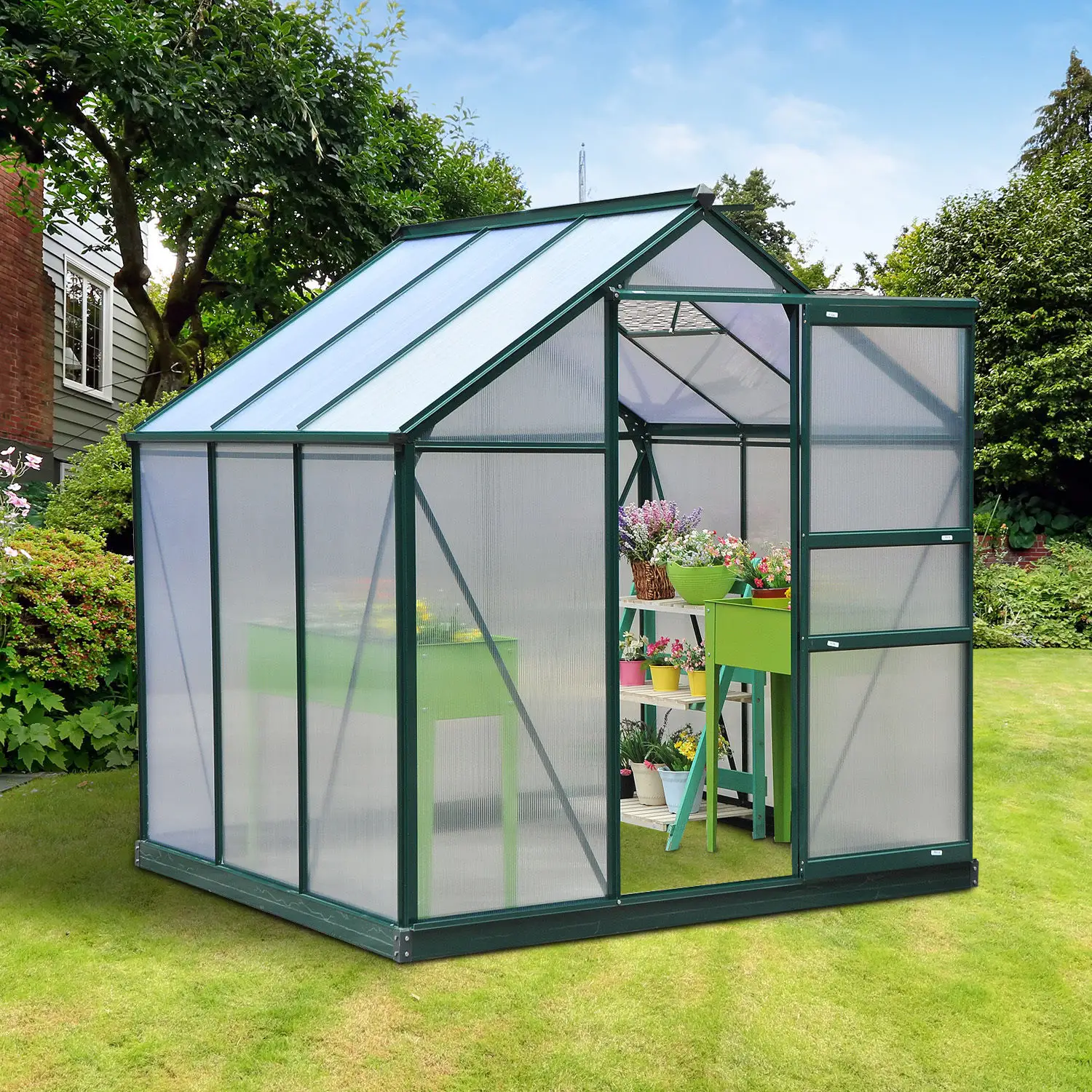 Outsunny 6 x 6ft Polycarbonate Greenhouse, Dark Green - Image 2