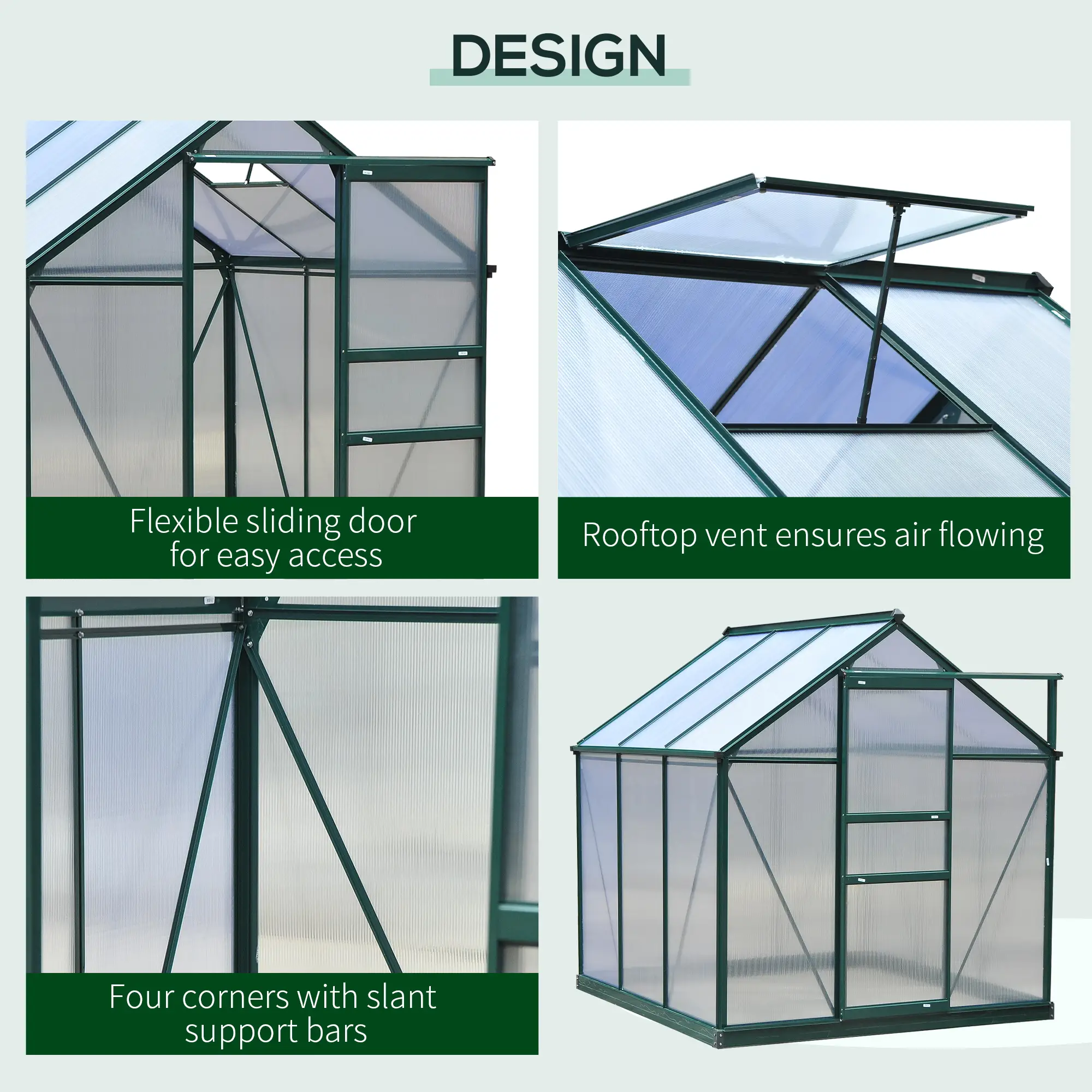 Outsunny 6 x 6ft Polycarbonate Greenhouse, Dark Green - Image 4
