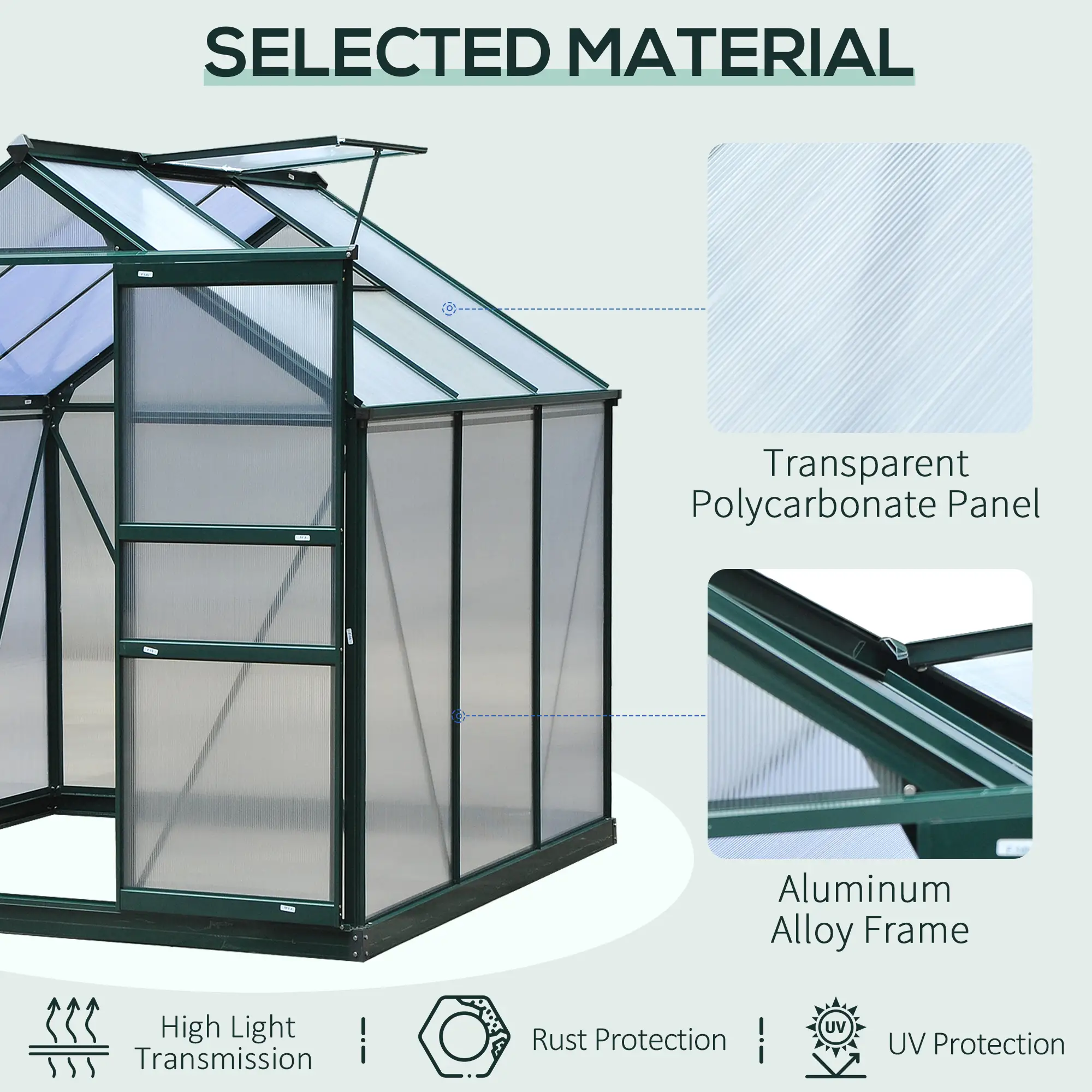 Outsunny 6 x 6ft Polycarbonate Greenhouse, Dark Green - Image 5