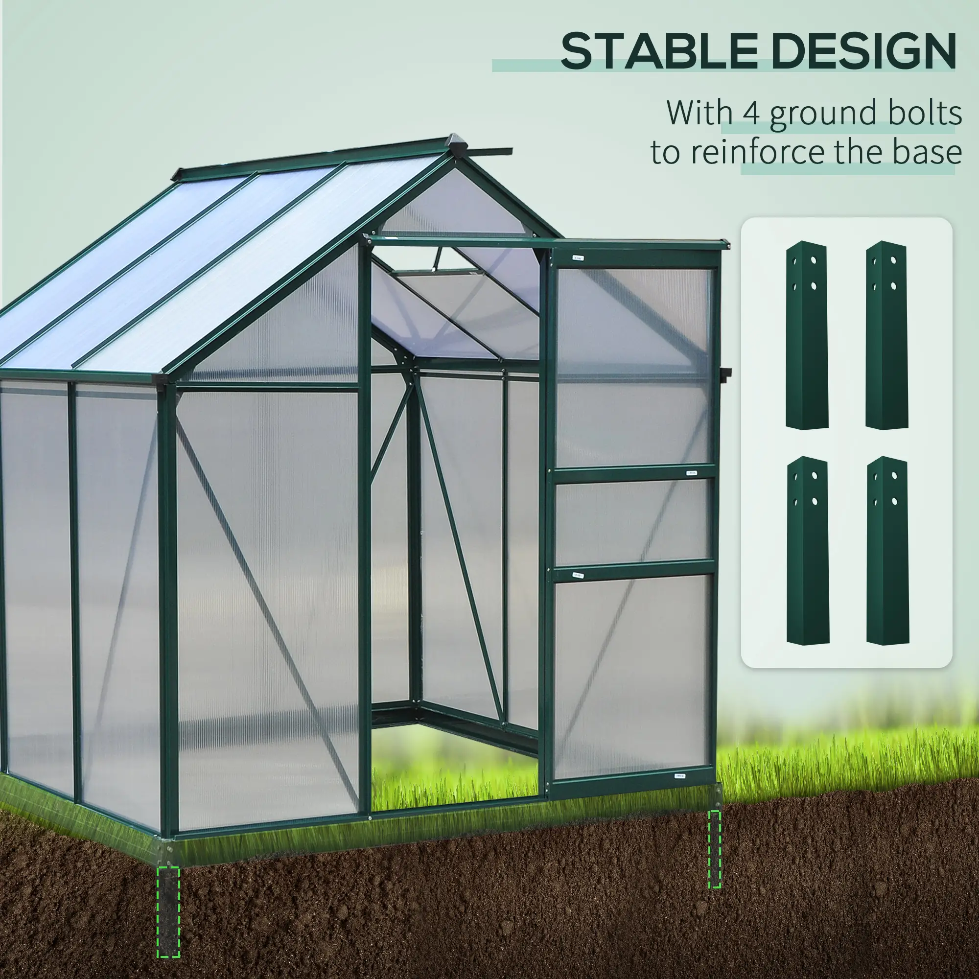 Outsunny 6 x 6ft Polycarbonate Greenhouse, Dark Green - Image 6