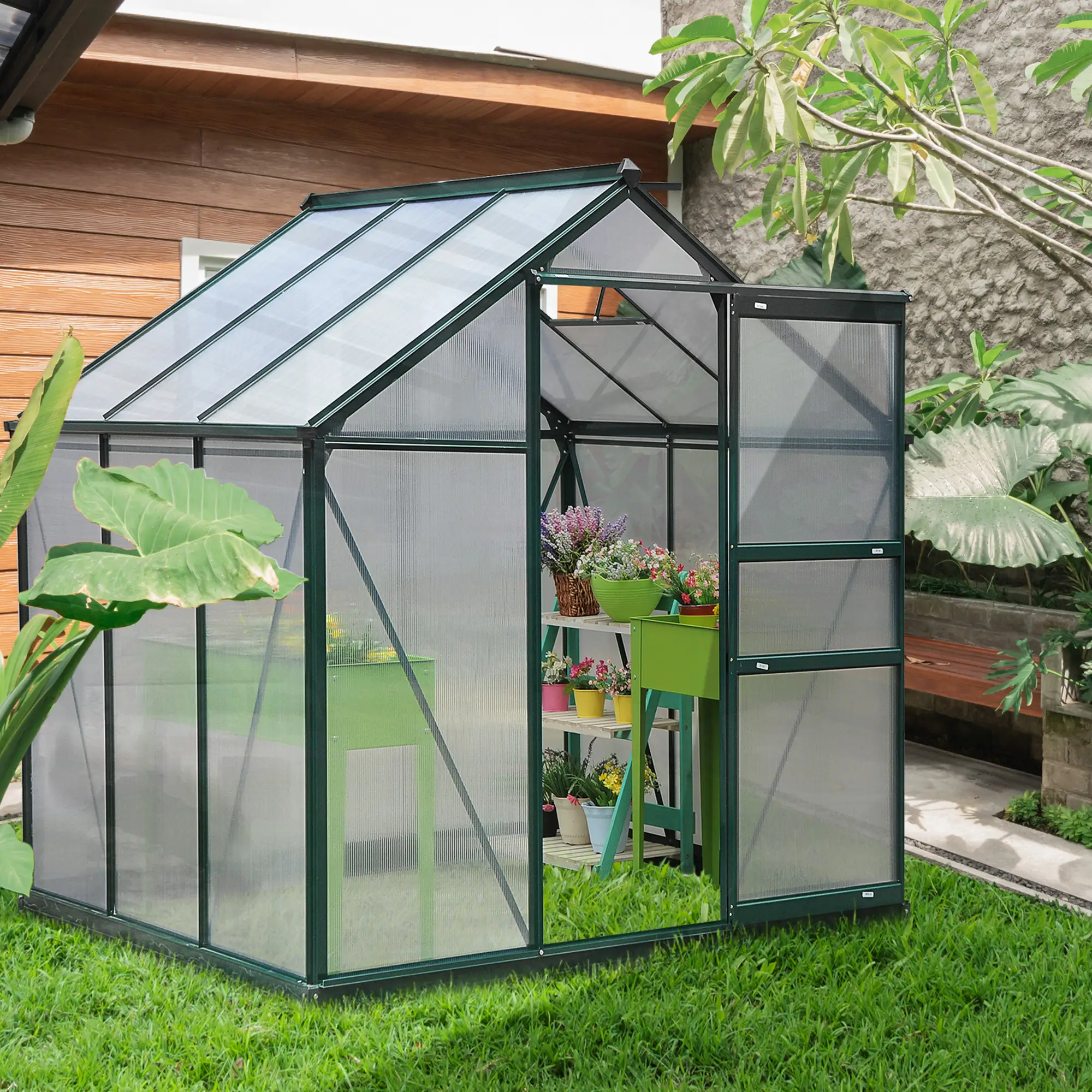 Outsunny 6 x 6ft Polycarbonate Greenhouse, Dark Green - Image 12