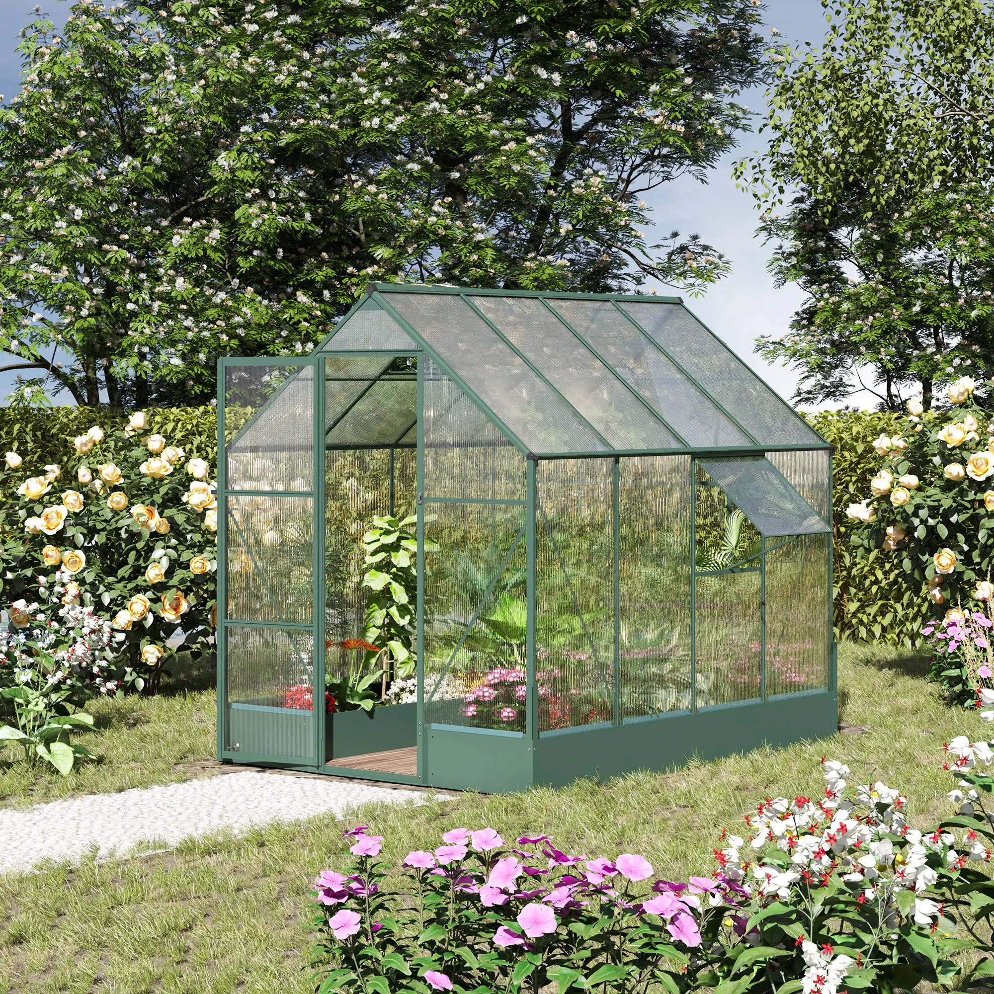 Outsunny 6 x 8ft Polycarbonate Greenhouse, Green - Image 2