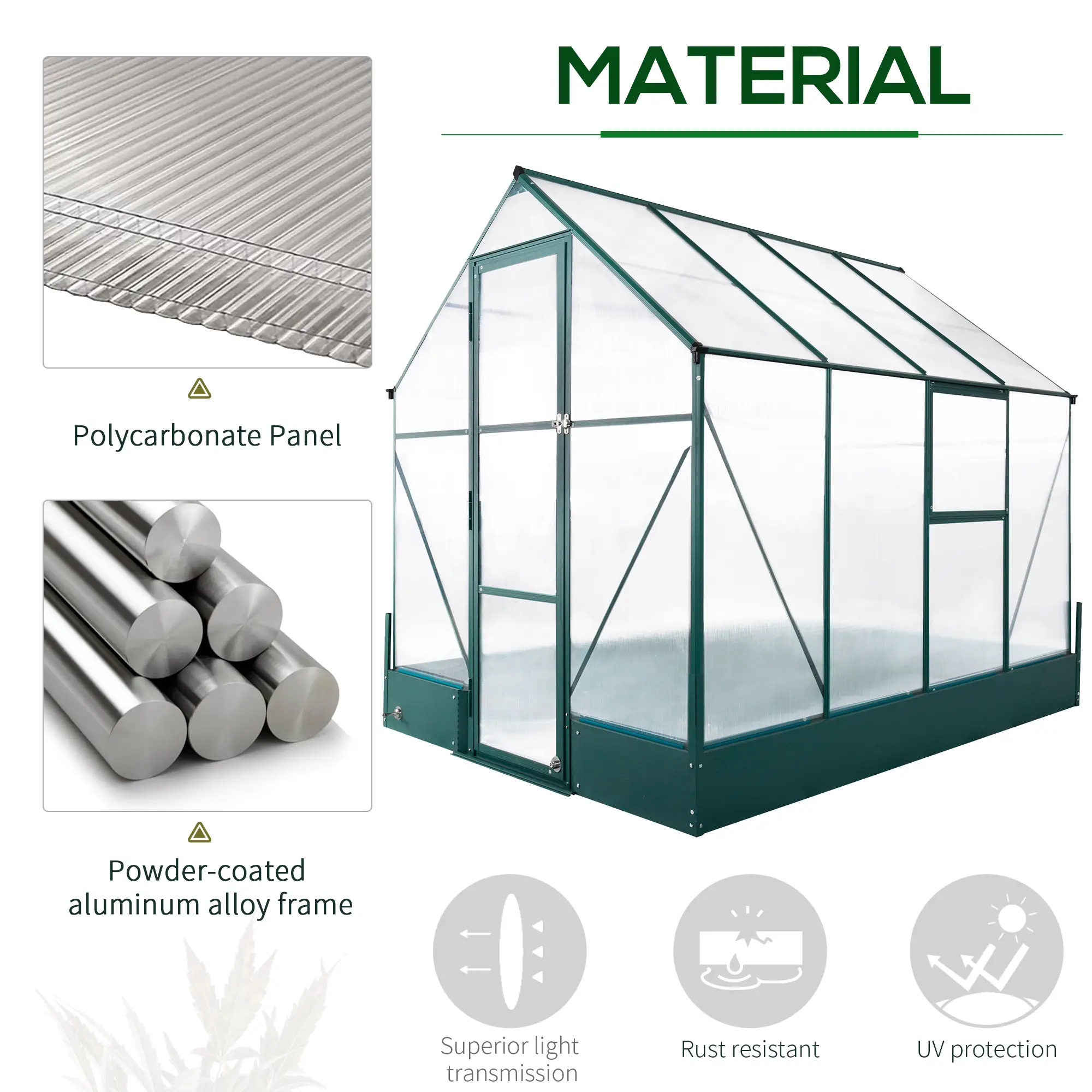 Outsunny 6 x 8ft Polycarbonate Greenhouse, Green - Image 4