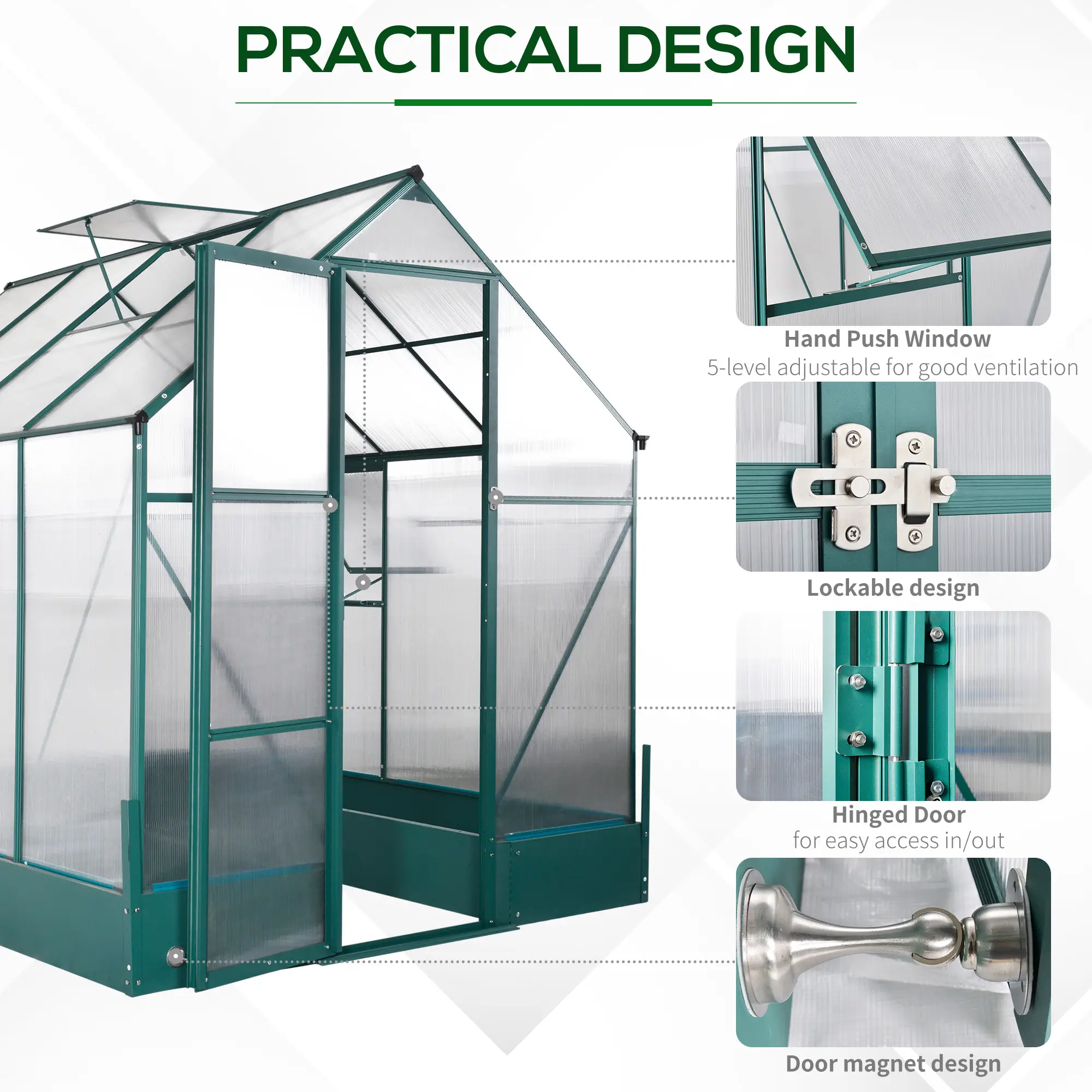 Outsunny 6 x 8ft Polycarbonate Greenhouse, Green - Image 5