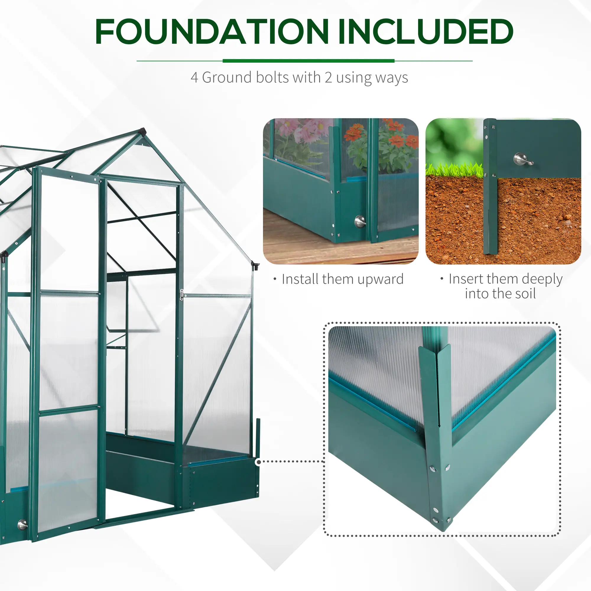 Outsunny 6 x 8ft Polycarbonate Greenhouse, Green - Image 7