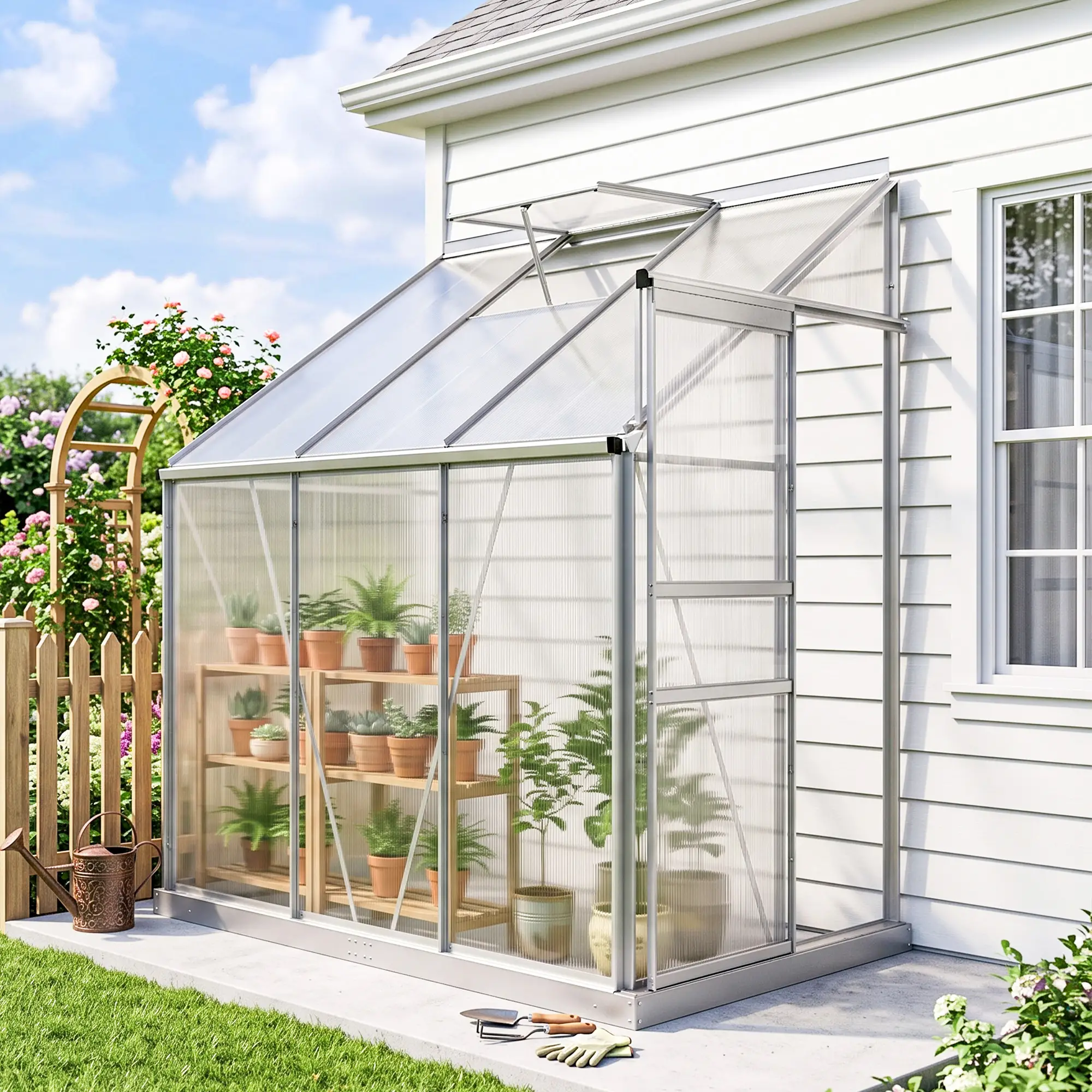 Outsunny 6 x 4ft Lean-to Greenhouse, Silver - Image 2