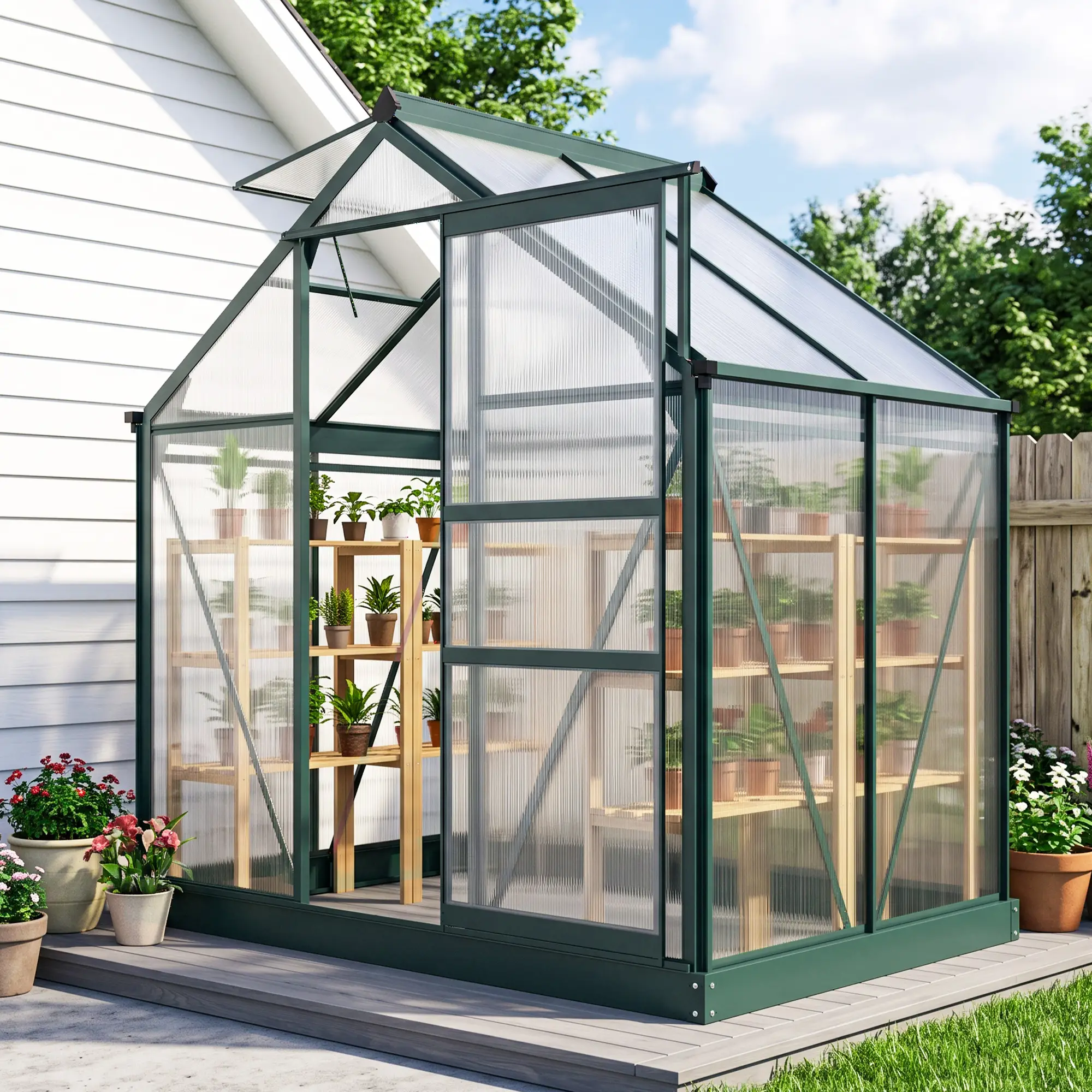 Outsunny 6 x 4ft Polycarbonate Greenhouse, Dark Green - Image 2