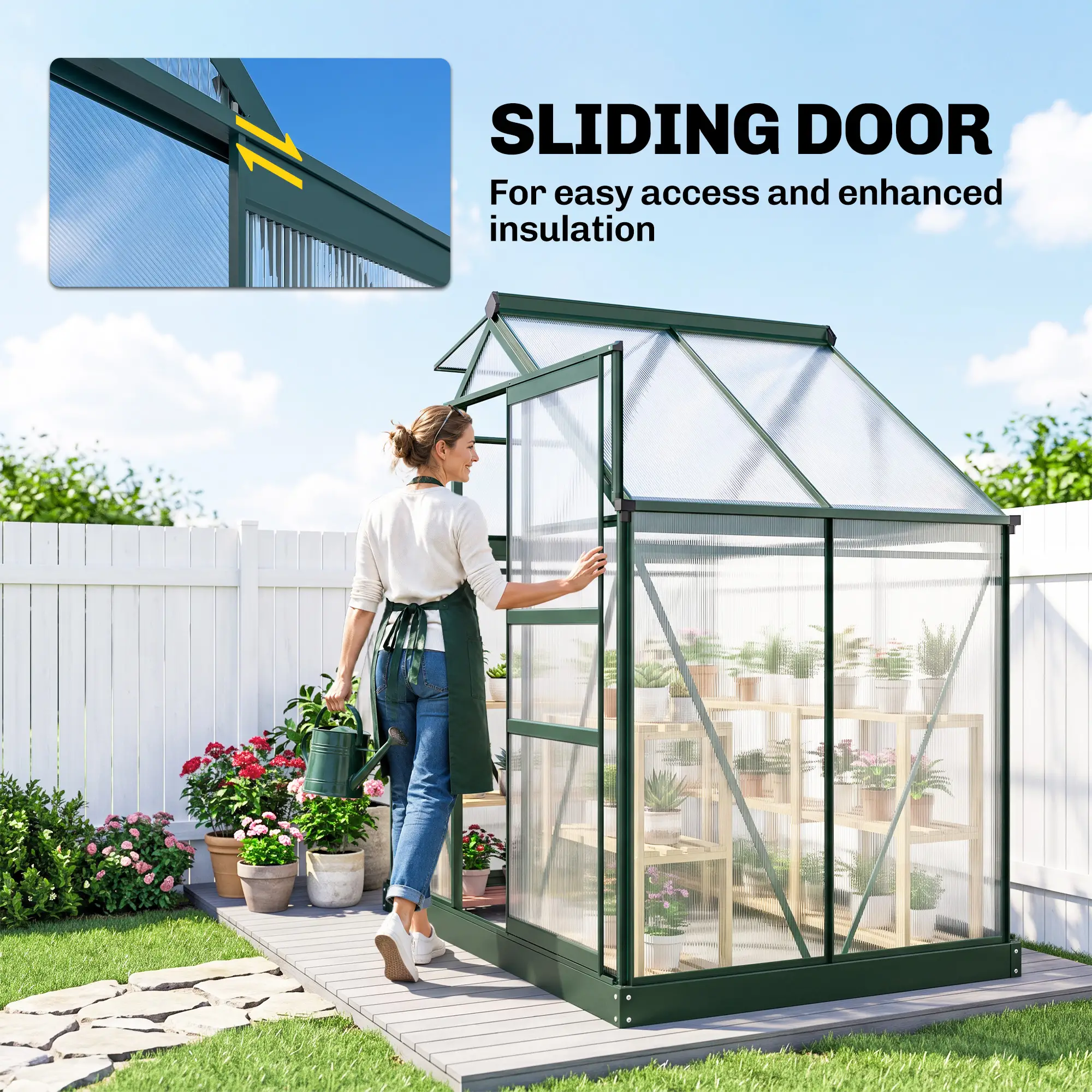 Outsunny 6 x 4ft Polycarbonate Greenhouse, Dark Green - Image 4