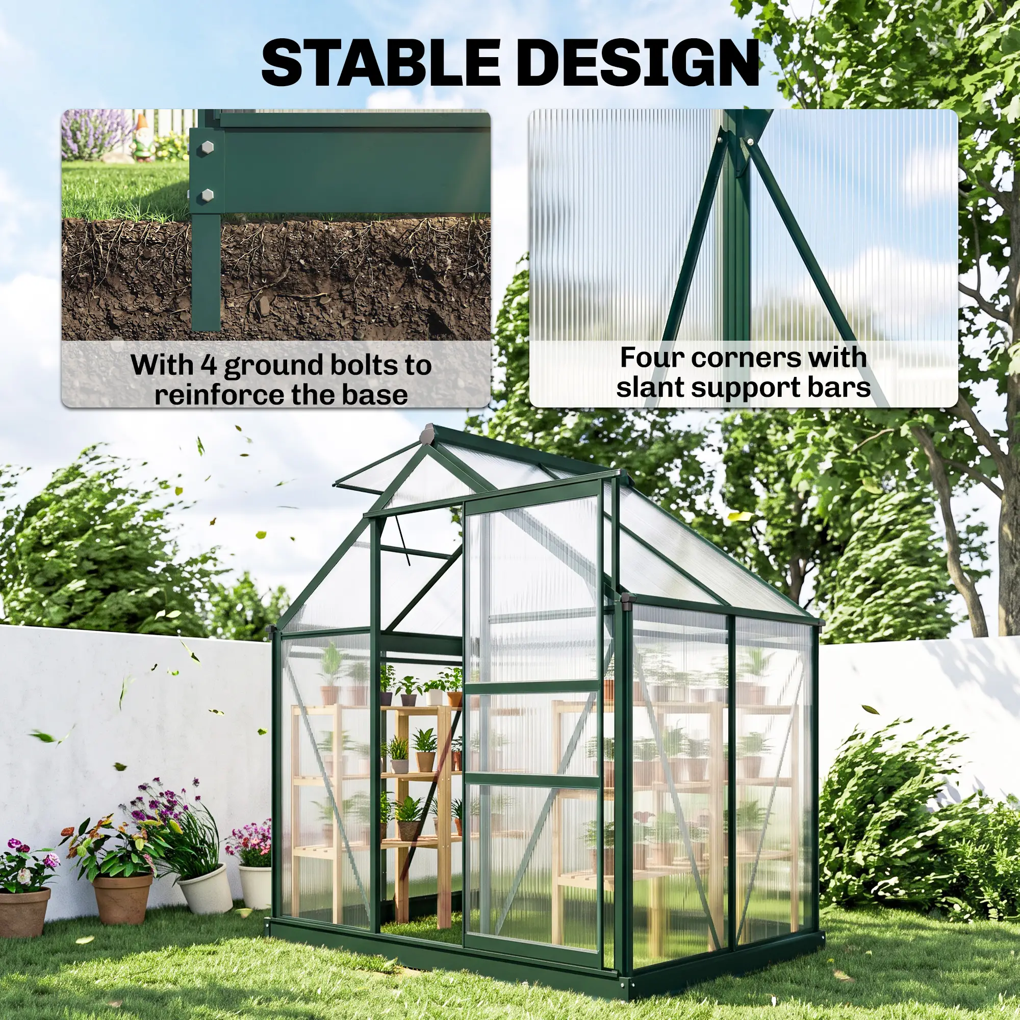 Outsunny 6 x 4ft Polycarbonate Greenhouse, Dark Green - Image 7