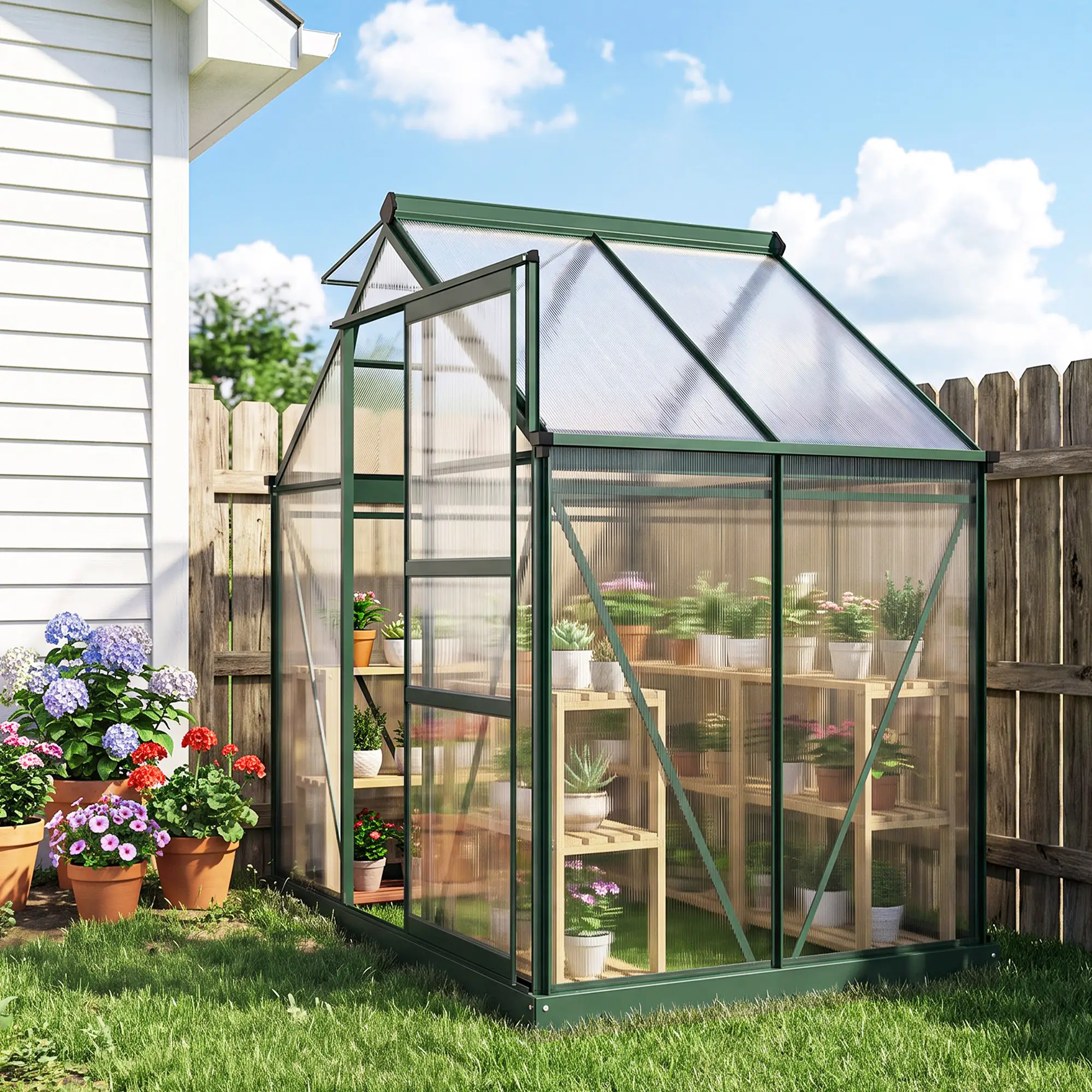 Outsunny 6 x 4ft Polycarbonate Greenhouse, Dark Green - Image 11