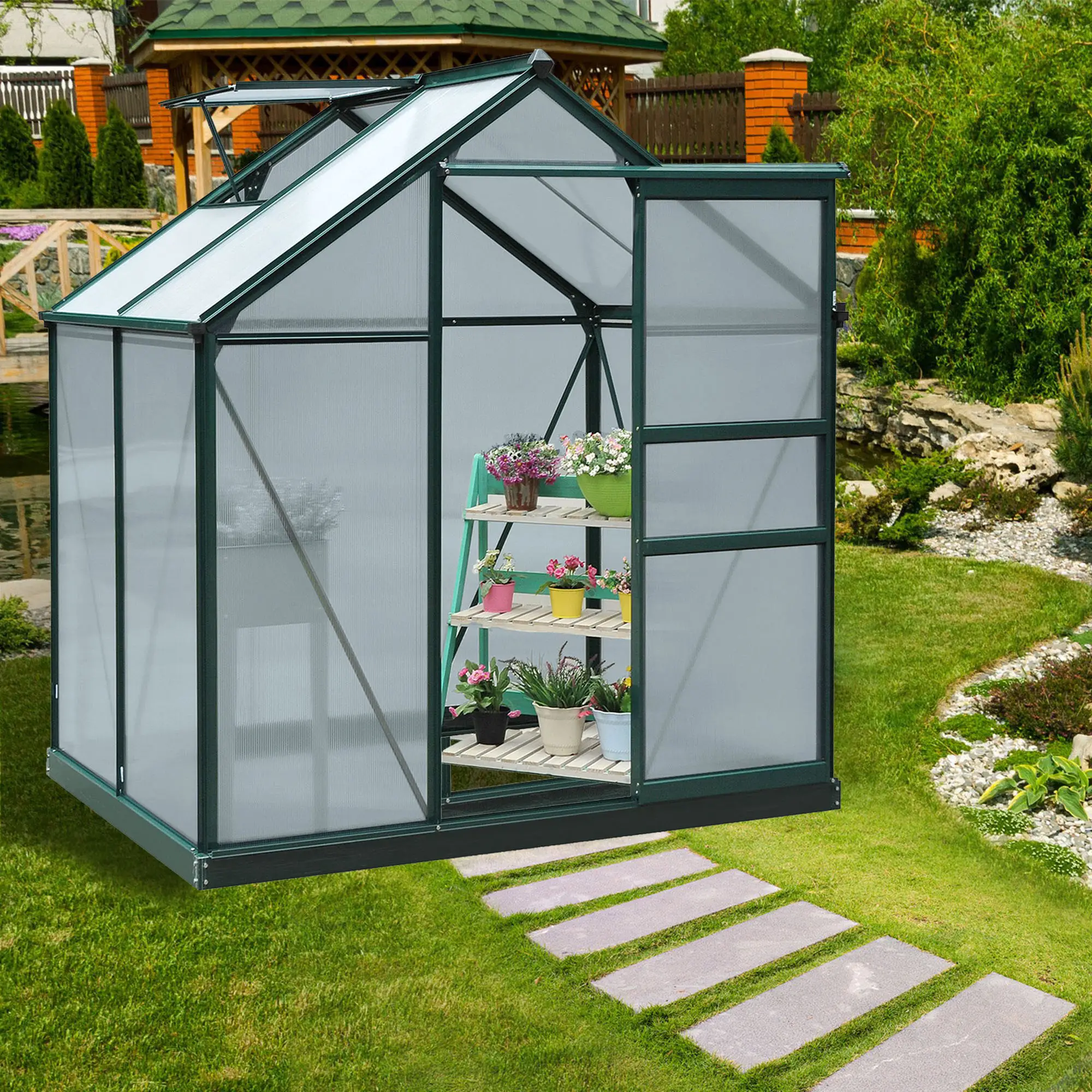 Outsunny 6 x 4ft Polycarbonate Greenhouse, Dark Green - Image 12