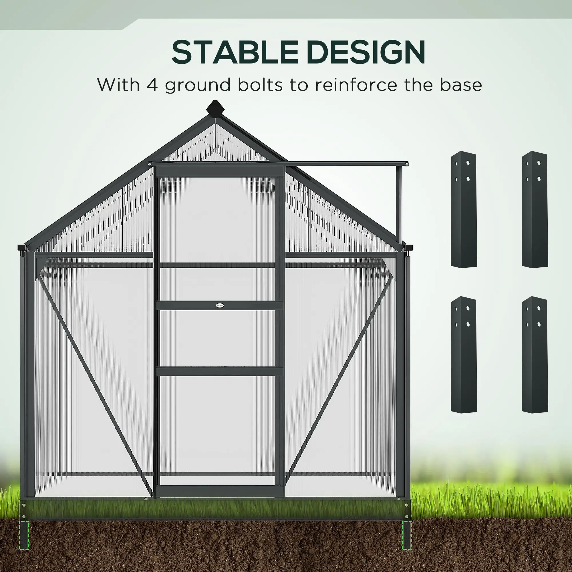 Outsunny 6 x 4ft Polycarbonate Greenhouse, Grey - Image 4