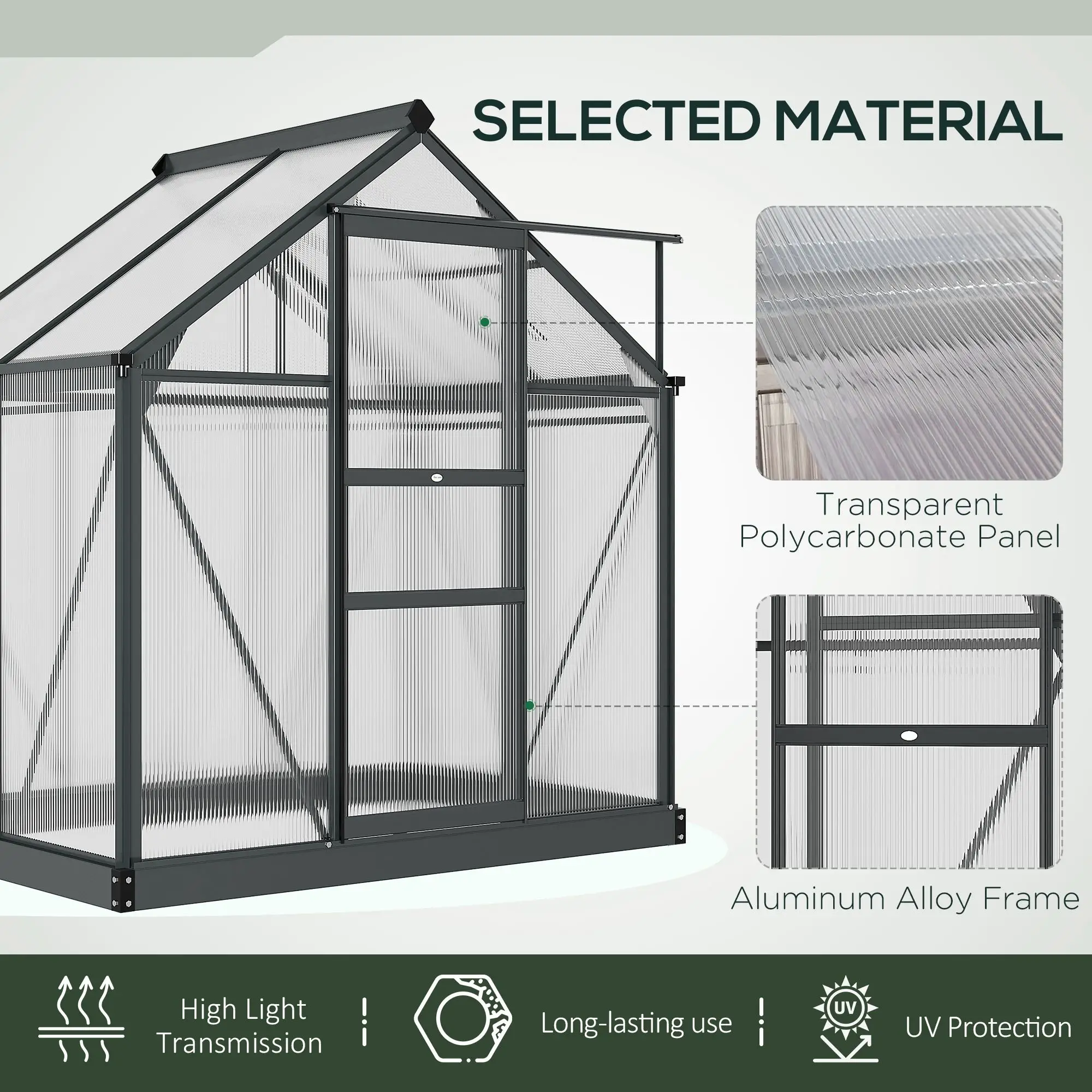 Outsunny 6 x 4ft Polycarbonate Greenhouse, Grey - Image 5