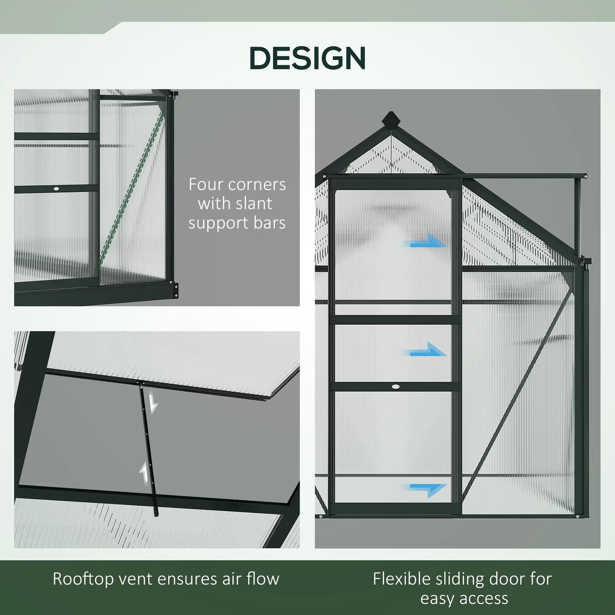 Outsunny 6 x 4ft Polycarbonate Greenhouse, Grey - Image 6