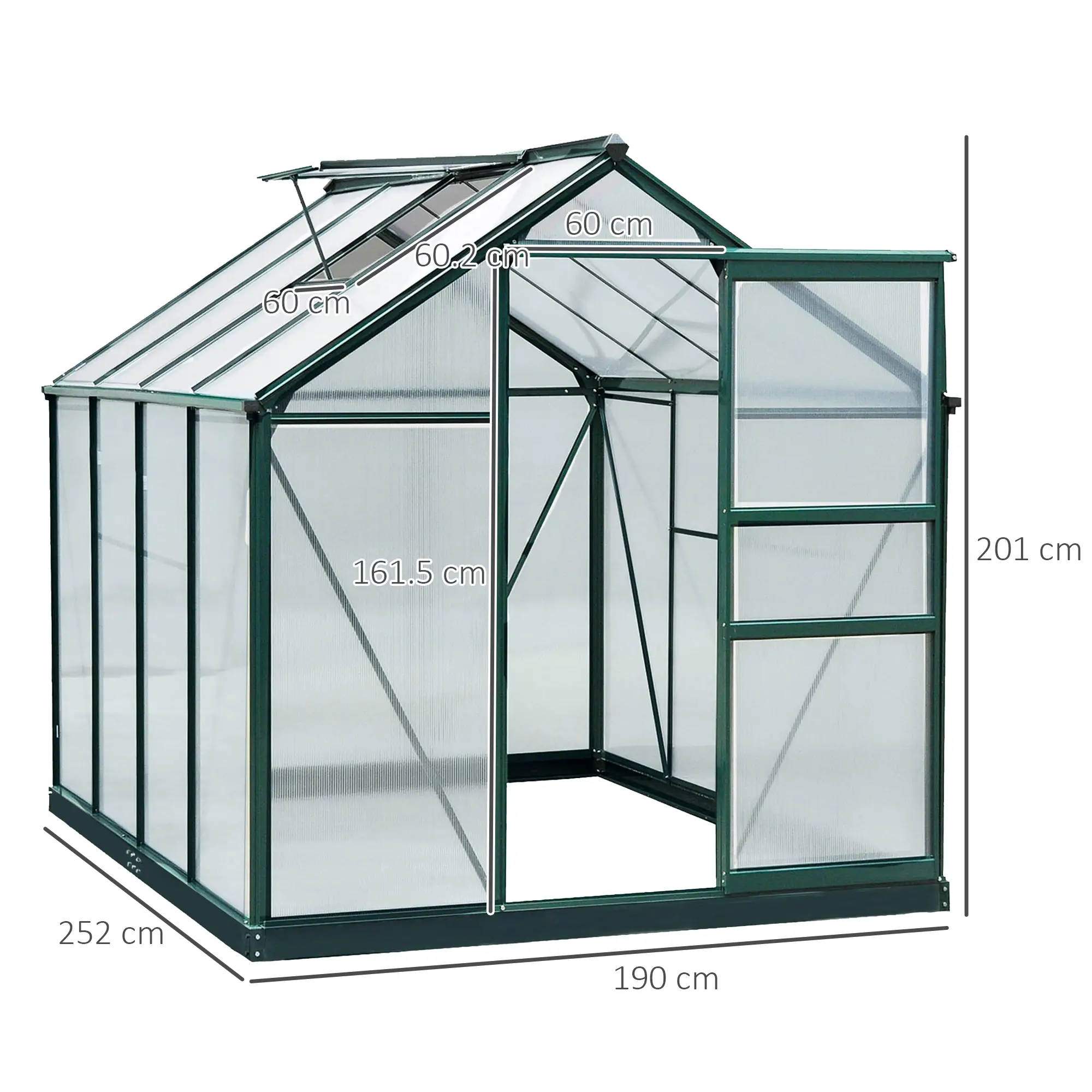 Outsunny 6 x 8ft Polycarbonate Greenhouse, Dark Green - Image 3
