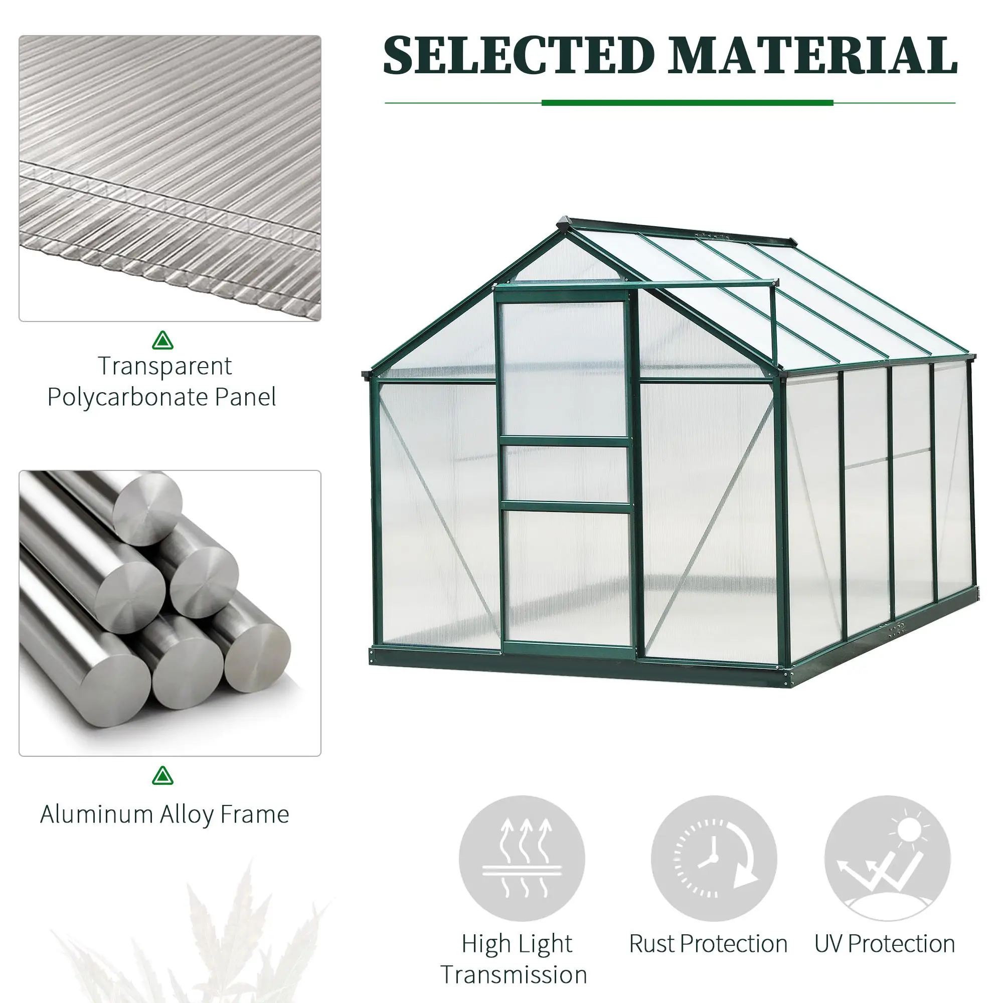 Outsunny 6 x 8ft Polycarbonate Greenhouse, Dark Green - Image 4