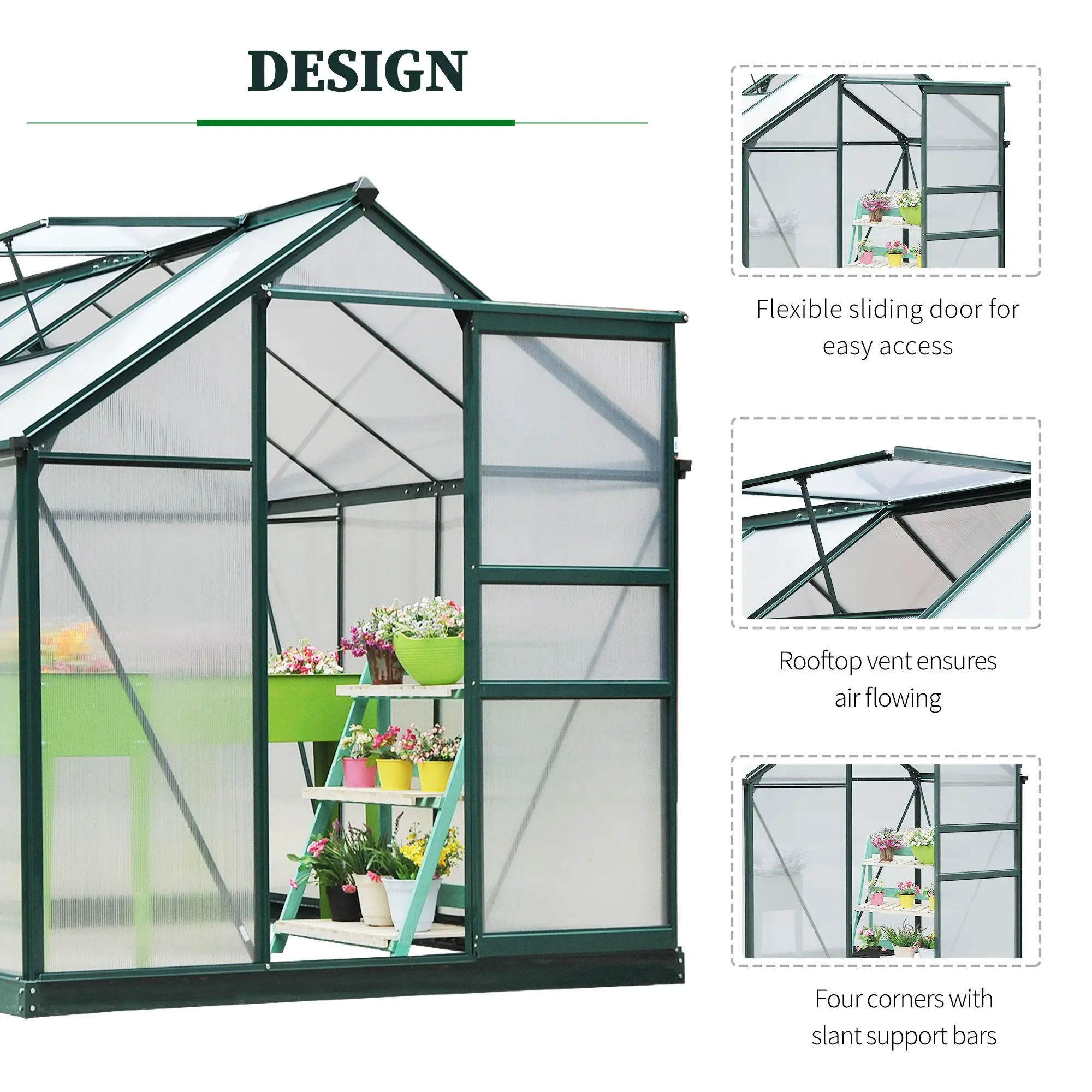 Outsunny 6 x 8ft Polycarbonate Greenhouse, Dark Green - Image 5