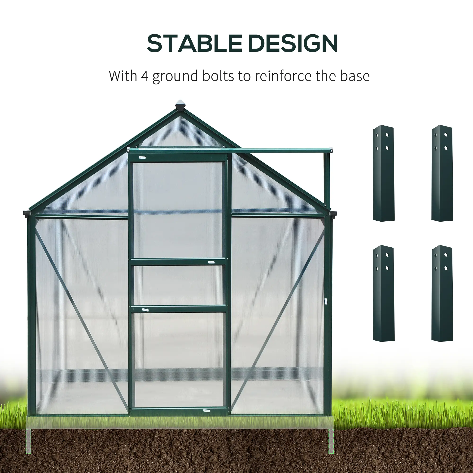 Outsunny 6 x 8ft Polycarbonate Greenhouse, Dark Green - Image 6