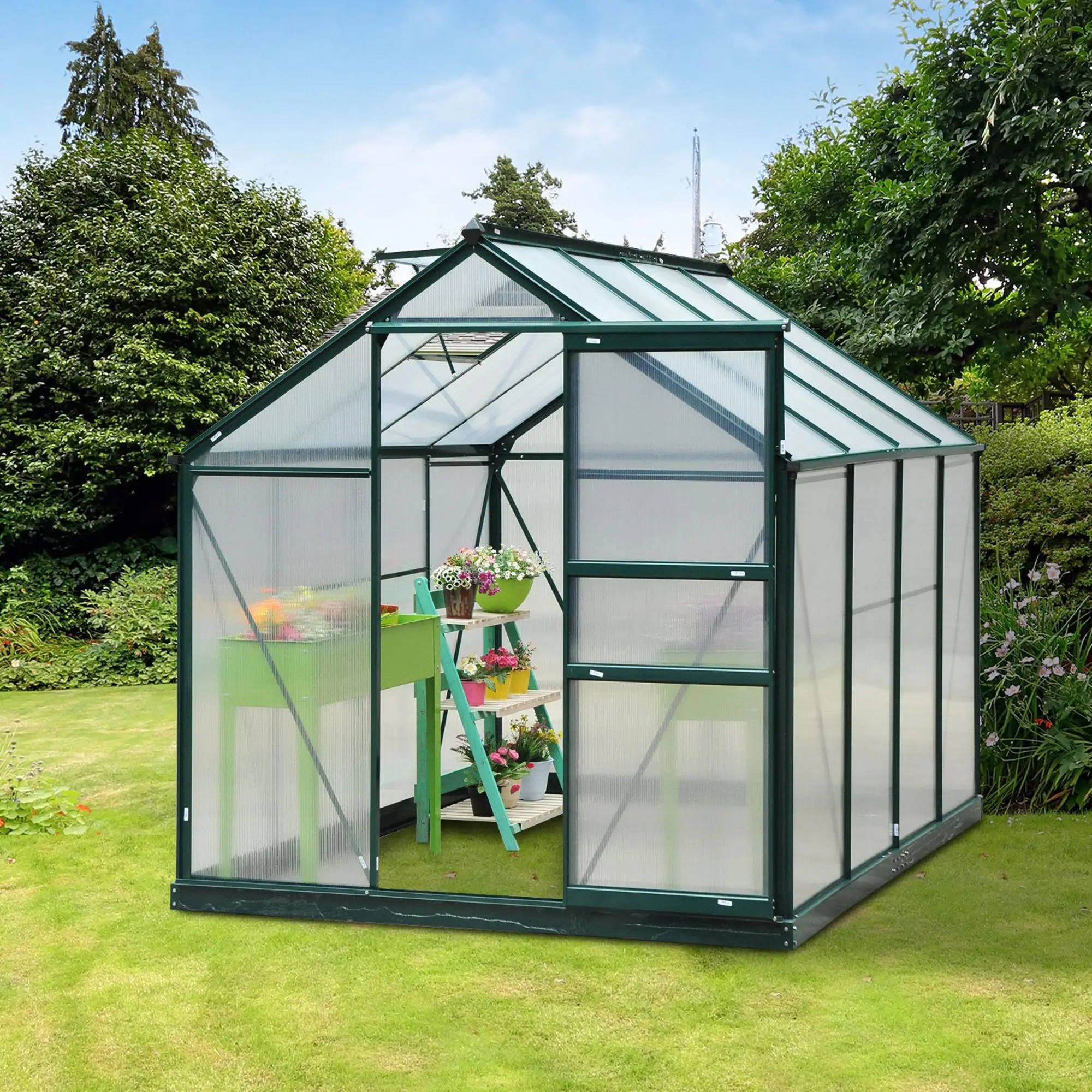 Outsunny 6 x 8ft Polycarbonate Greenhouse, Dark Green - Image 10