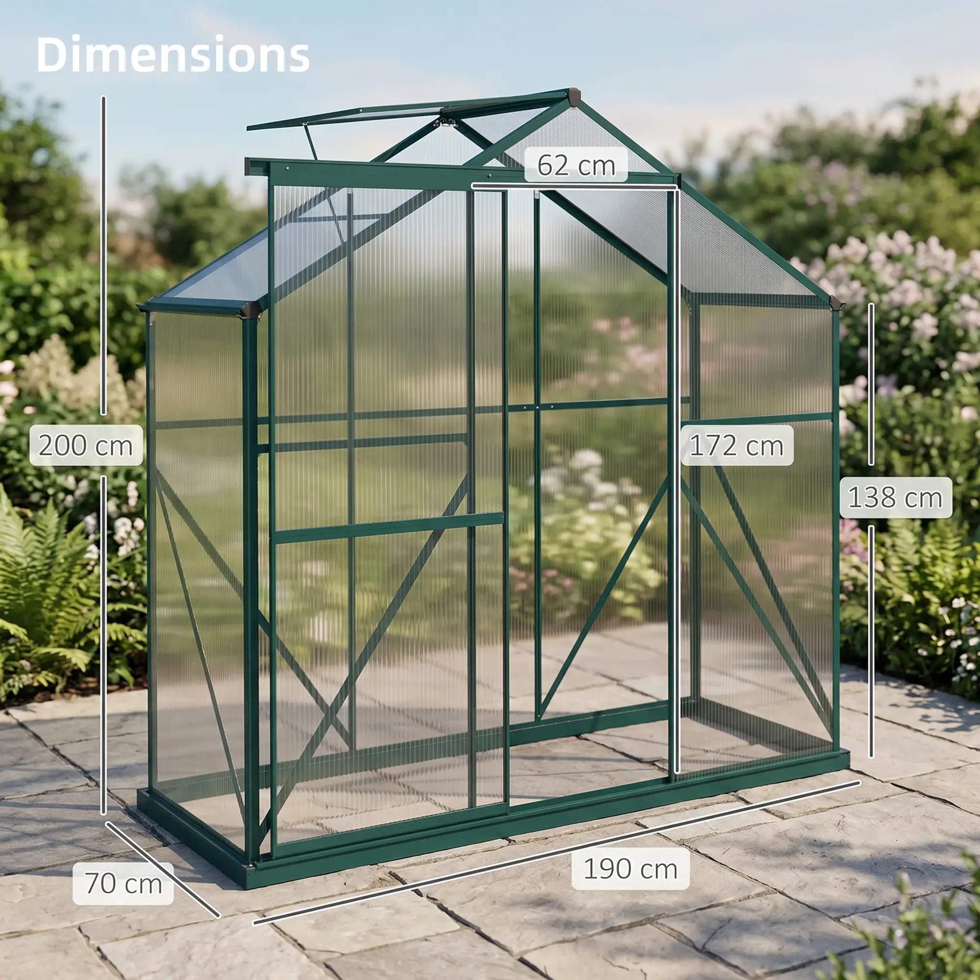 Outsunny 6 x 2.5ft Polycarbonate Greenhouse, Green - Image 3