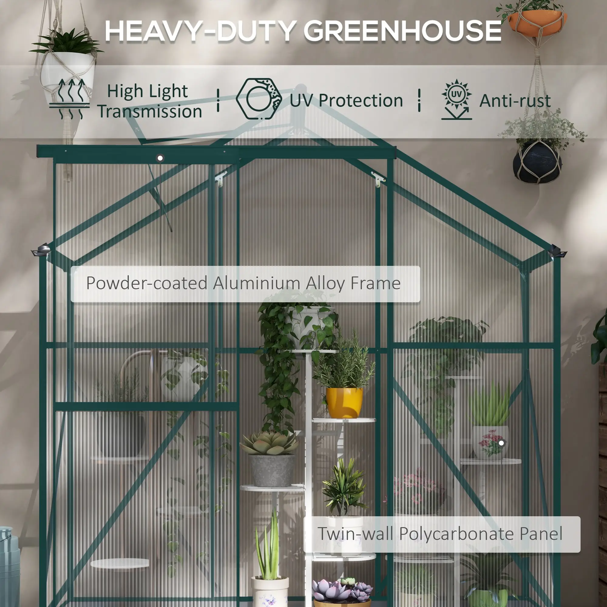 Outsunny 6 x 2.5ft Polycarbonate Greenhouse, Green - Image 4