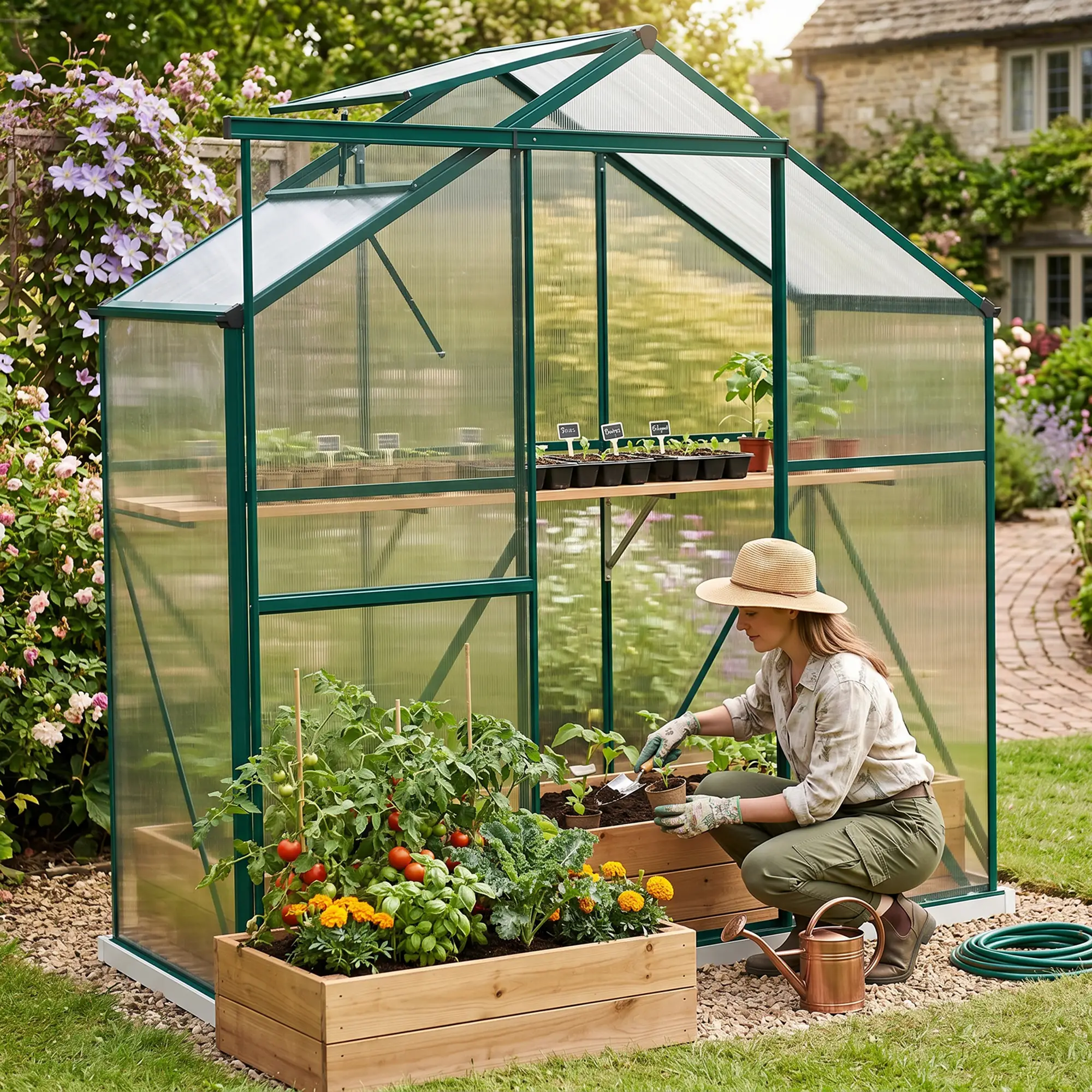 Outsunny 6 x 2.5ft Polycarbonate Greenhouse, Green - Image 10