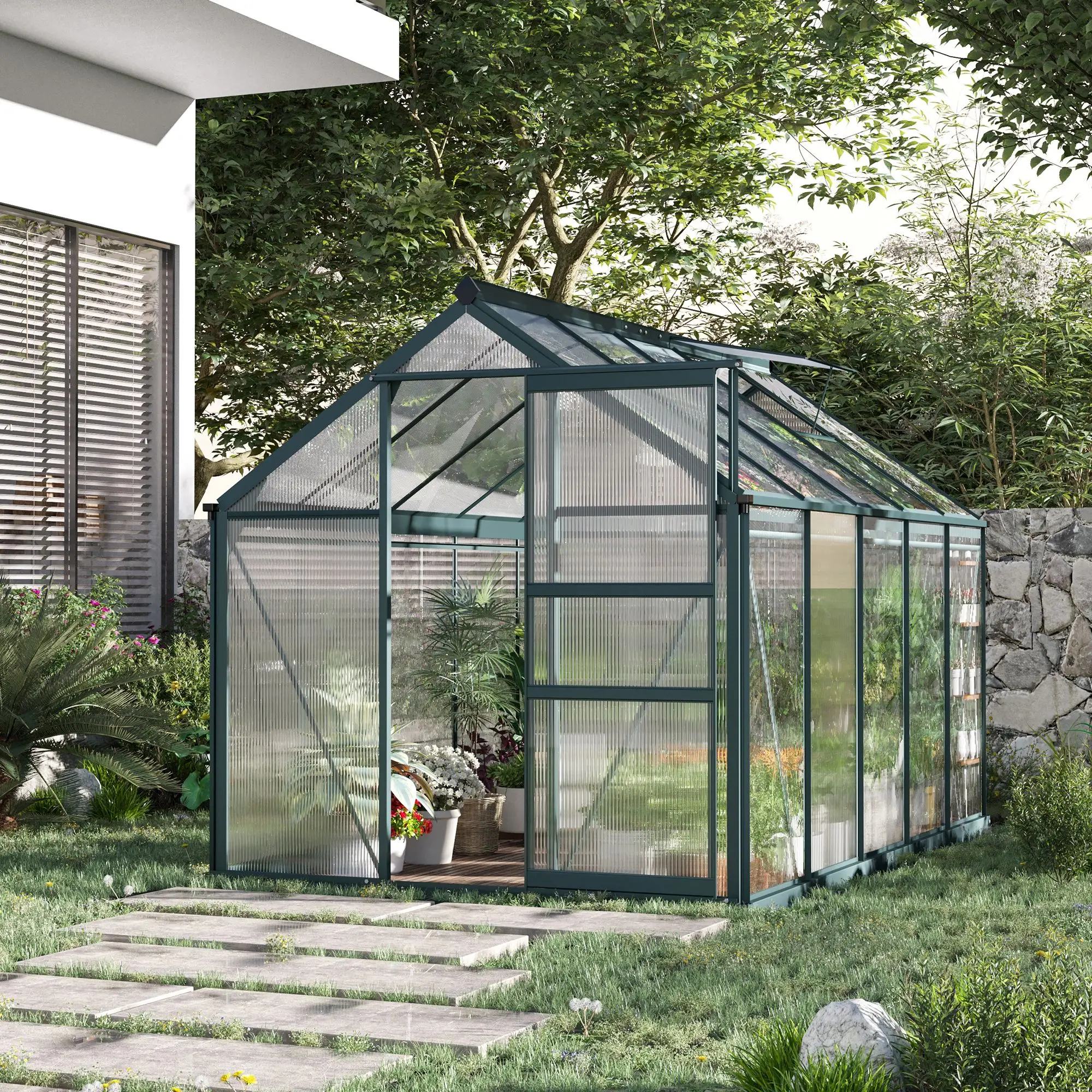 Outsunny 6 x 10ft Polycarbonate Greenhouse, Dark Green - Image 2