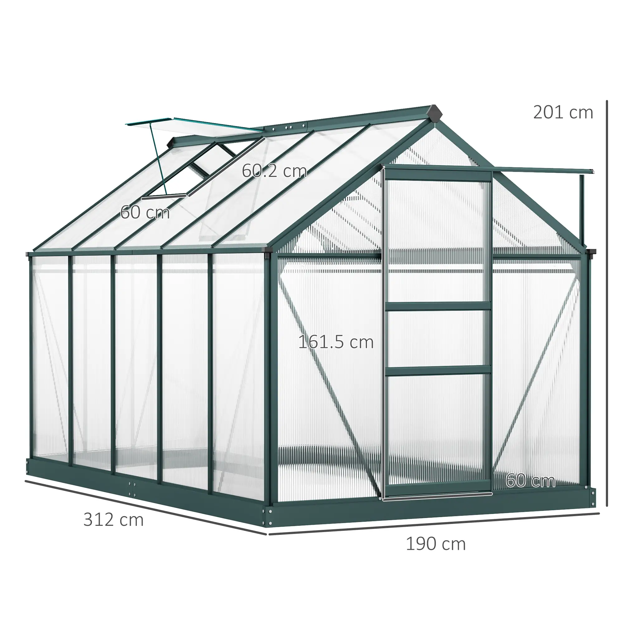 Outsunny 6 x 10ft Polycarbonate Greenhouse, Dark Green - Image 3