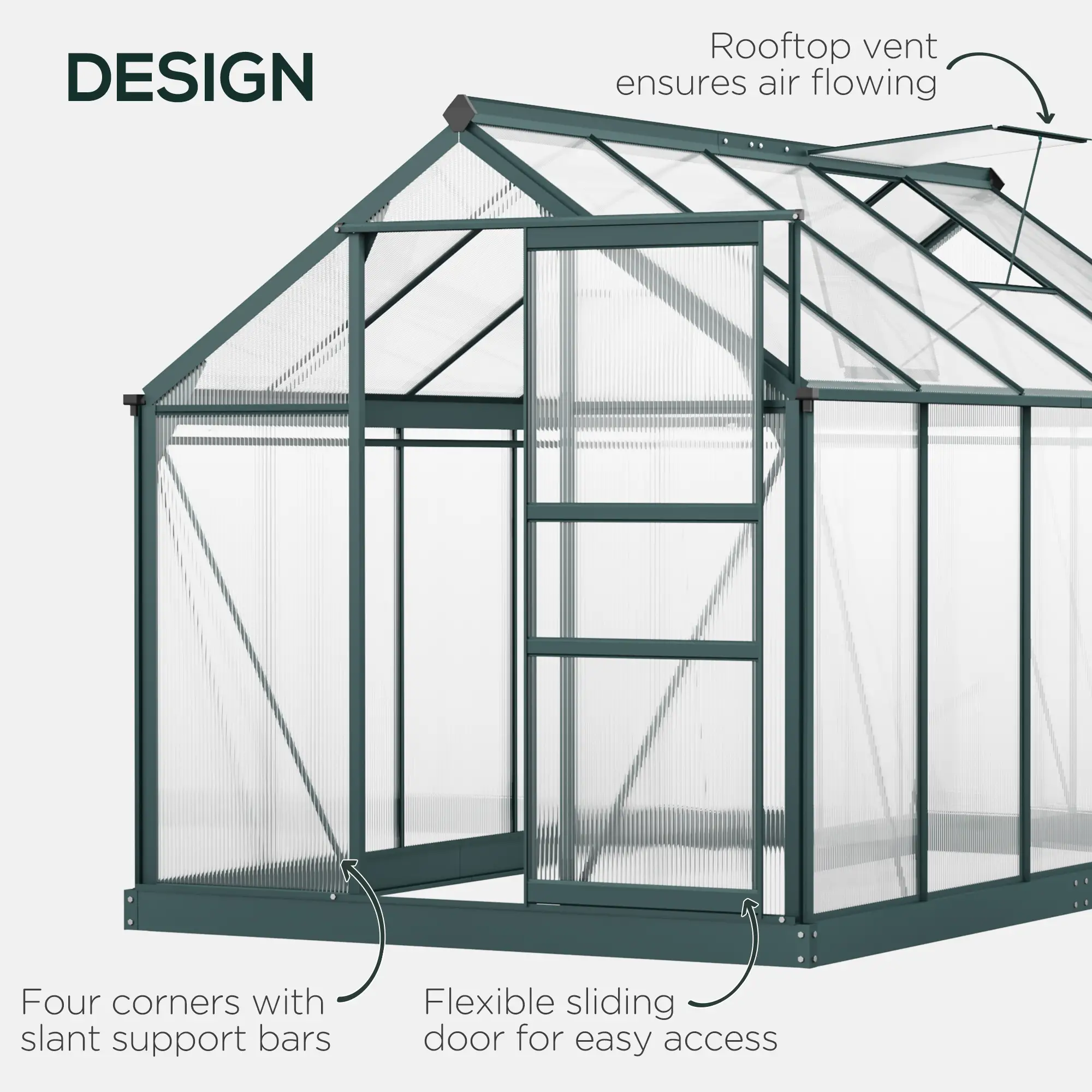 Outsunny 6 x 10ft Polycarbonate Greenhouse, Dark Green - Image 4