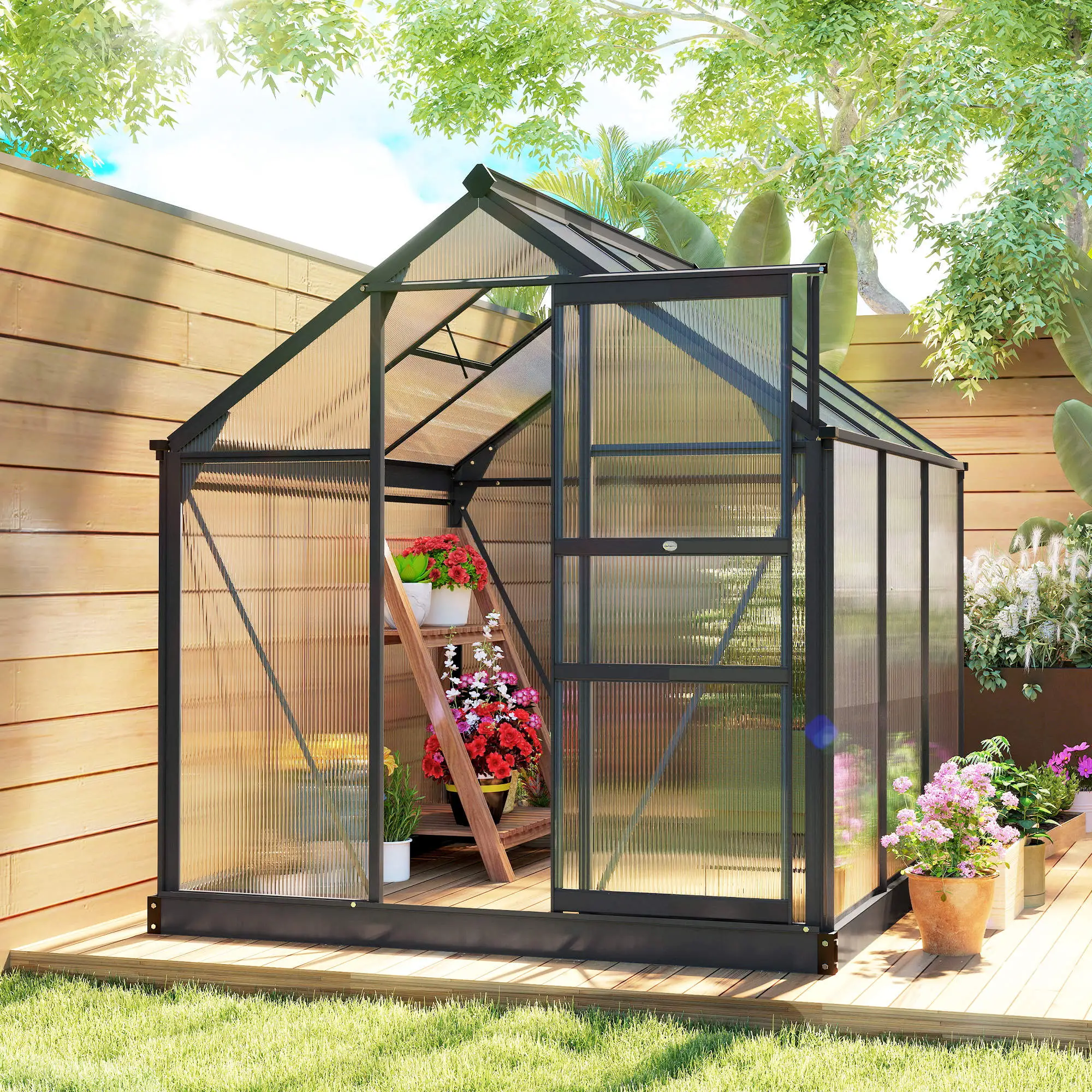Outsunny 6 x 6ft Polycarbonate Greenhouse, Grey - Image 2